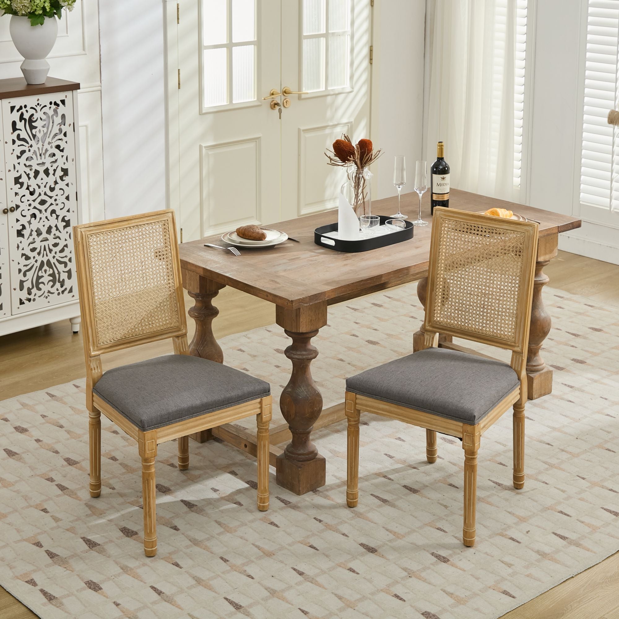 Louis French Country Dining Chairs with Square Rattan Backrest, Set of 2