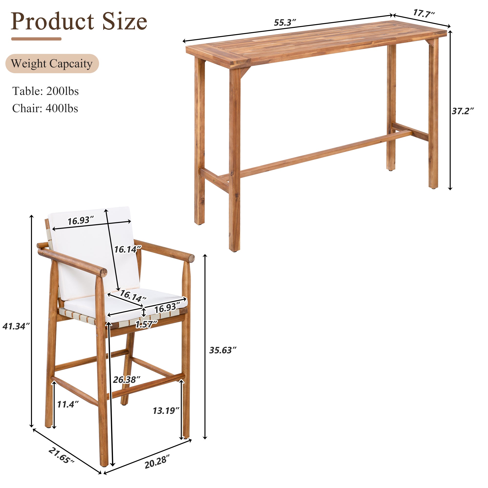 3 Piece Outdoor Bar Set with Acacia Wood Bar Height Table & 2 Stools with Cushions