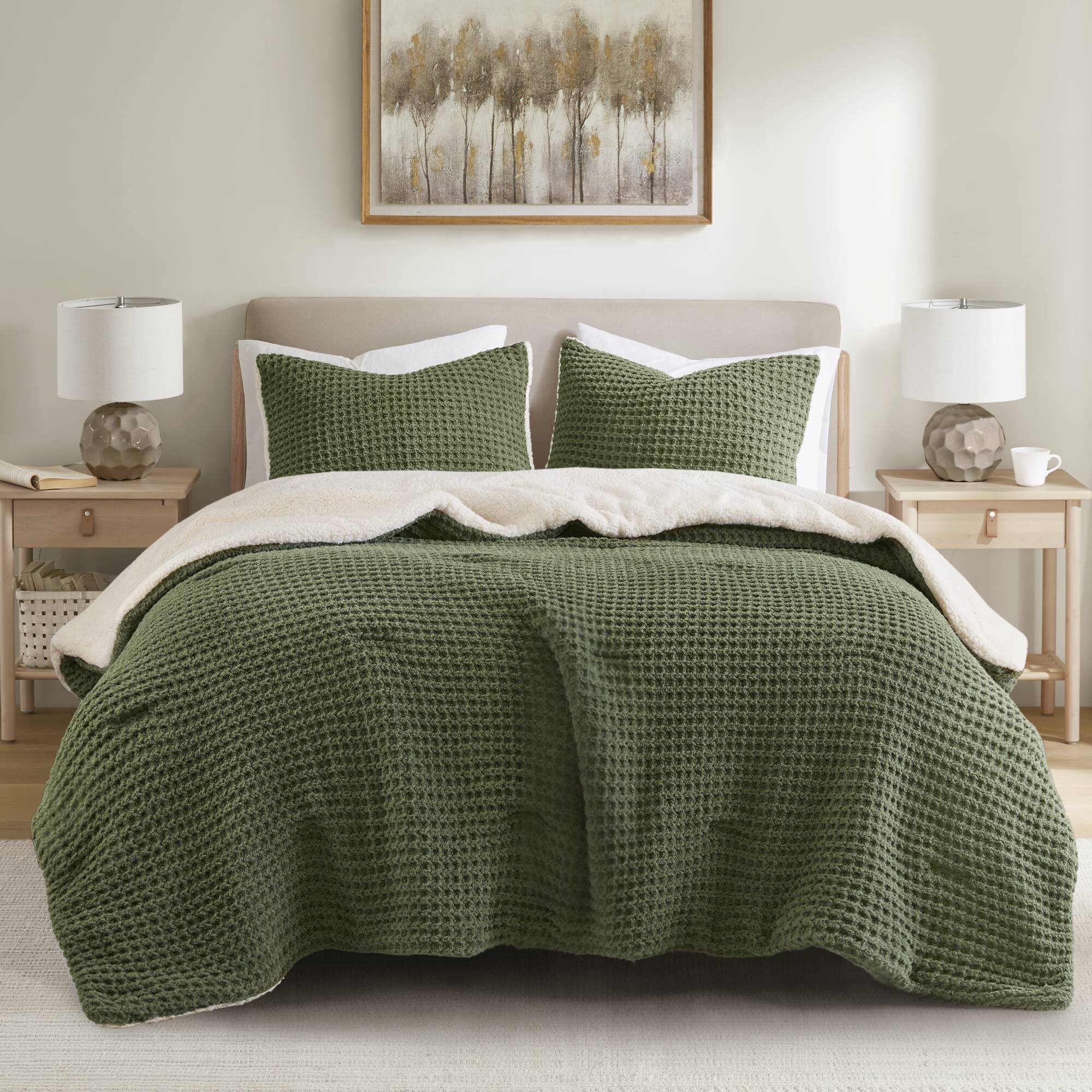 2 Piece Olive Waffle Knit Chenille Comforter Set