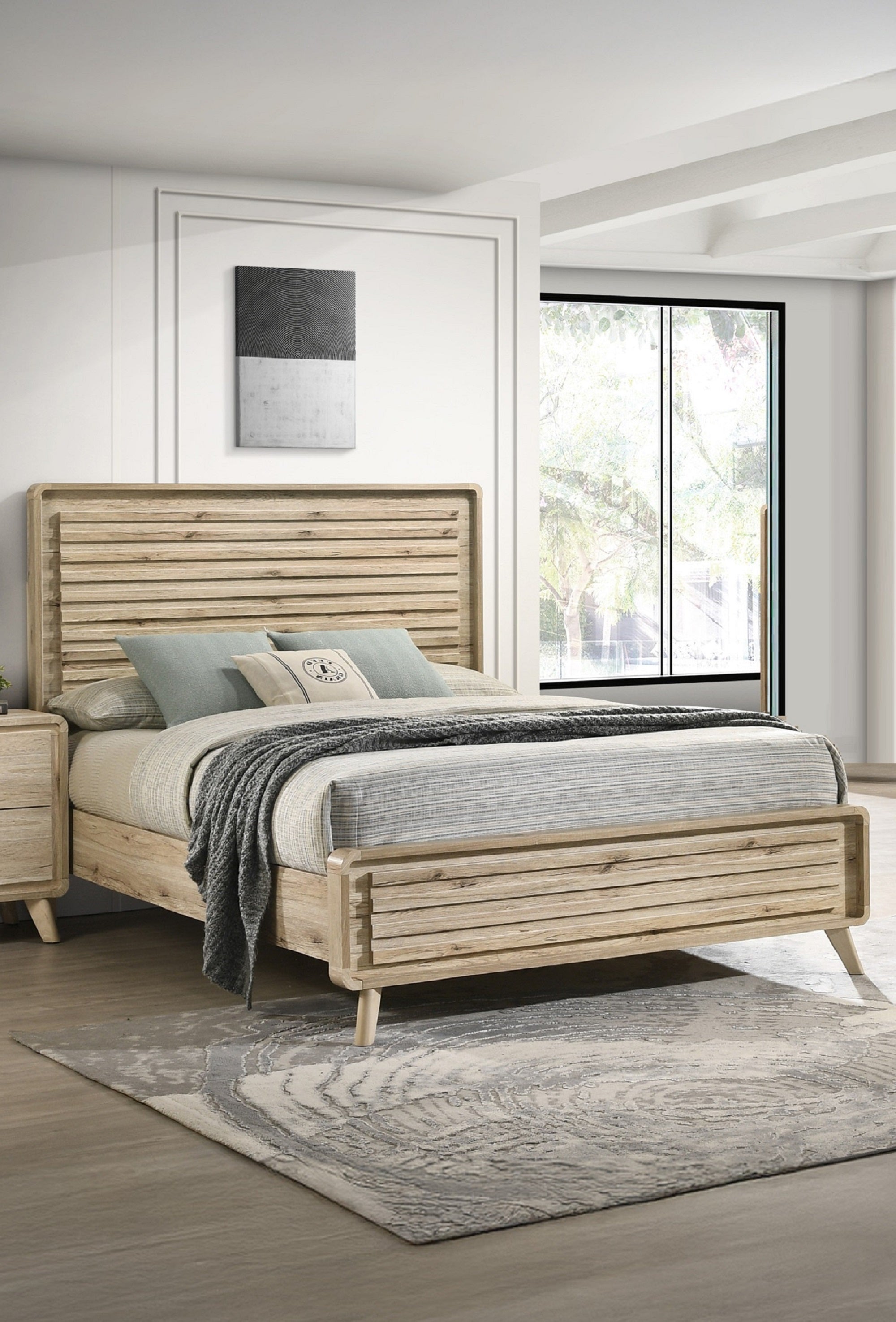 Mid-Century Modern Panel Bed with Slatted Headboard and Footboard