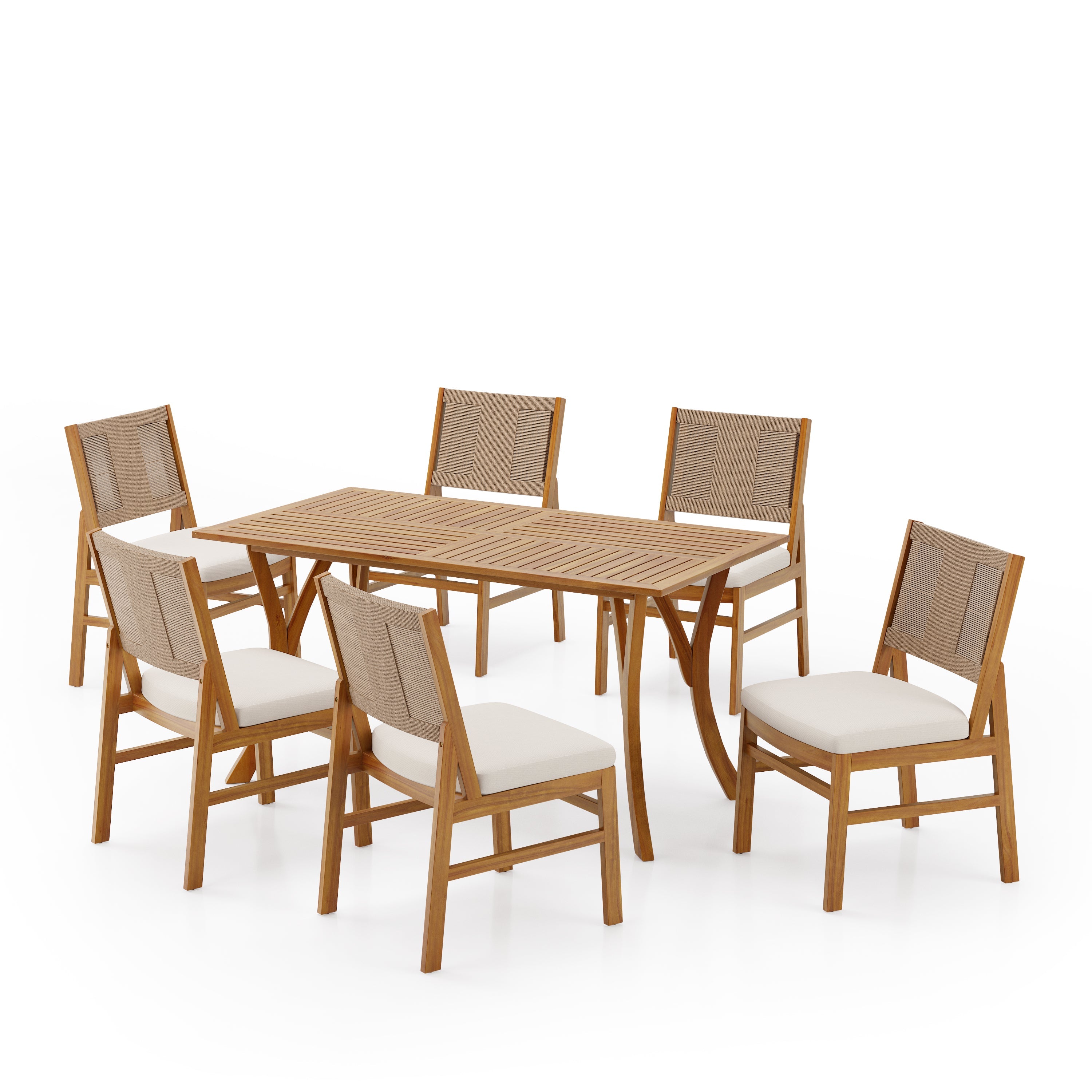Monica Outdoor Wood and Wicker Woven 7 Piece Dining Set