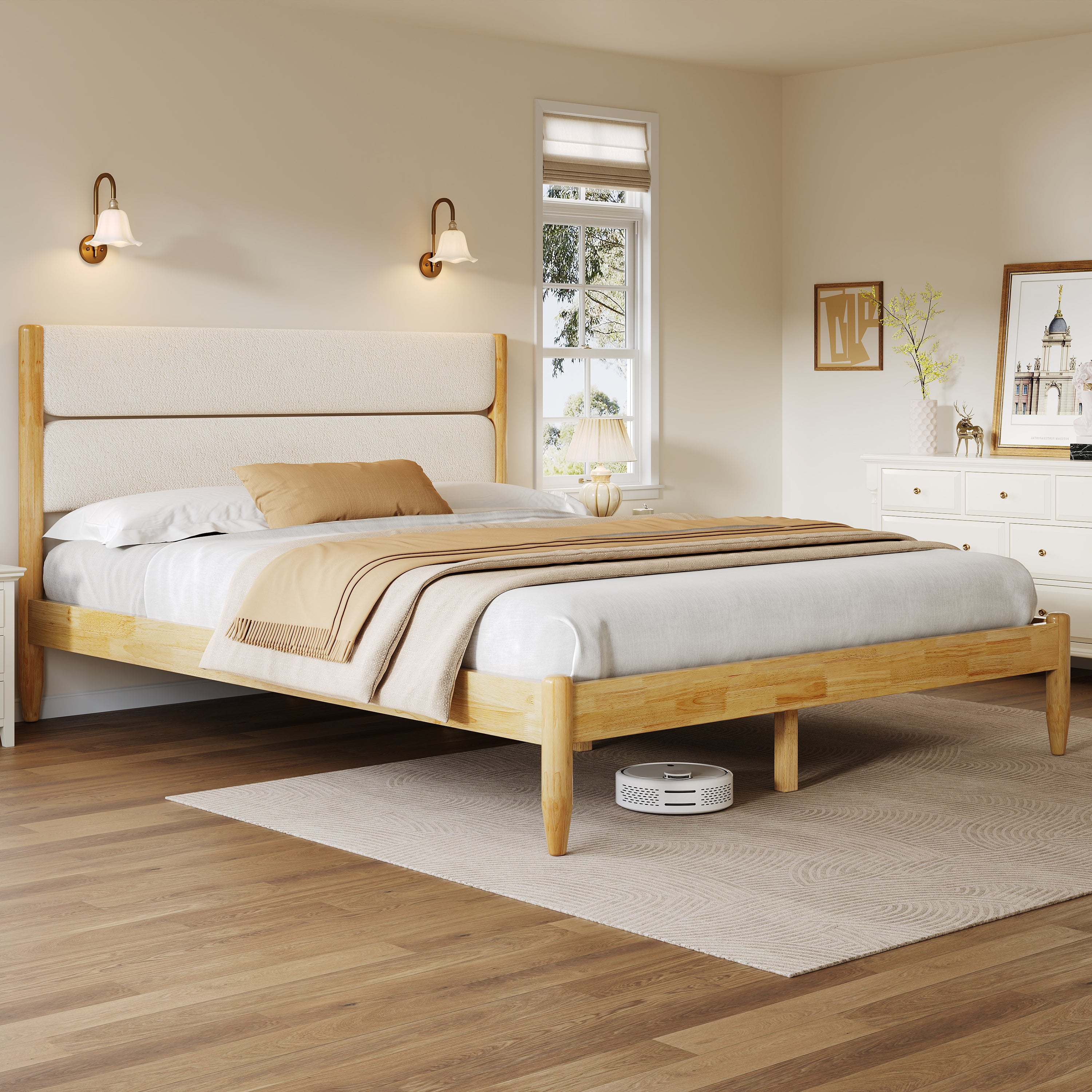 Solid Wood Bed Frame With Fleece Upholstered Headboard