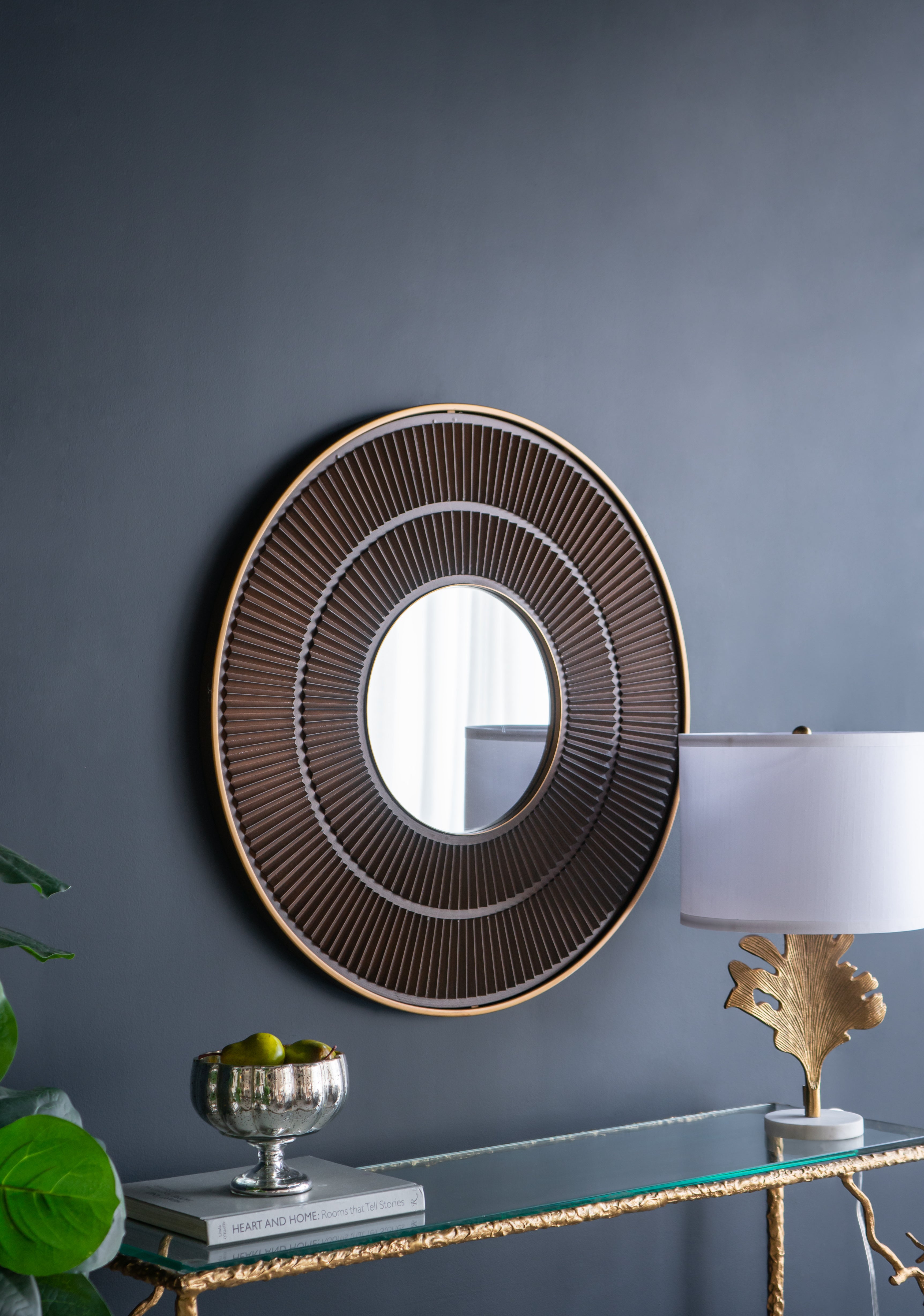 Round Wall Mirror with Pleated Design and Iron Frame
