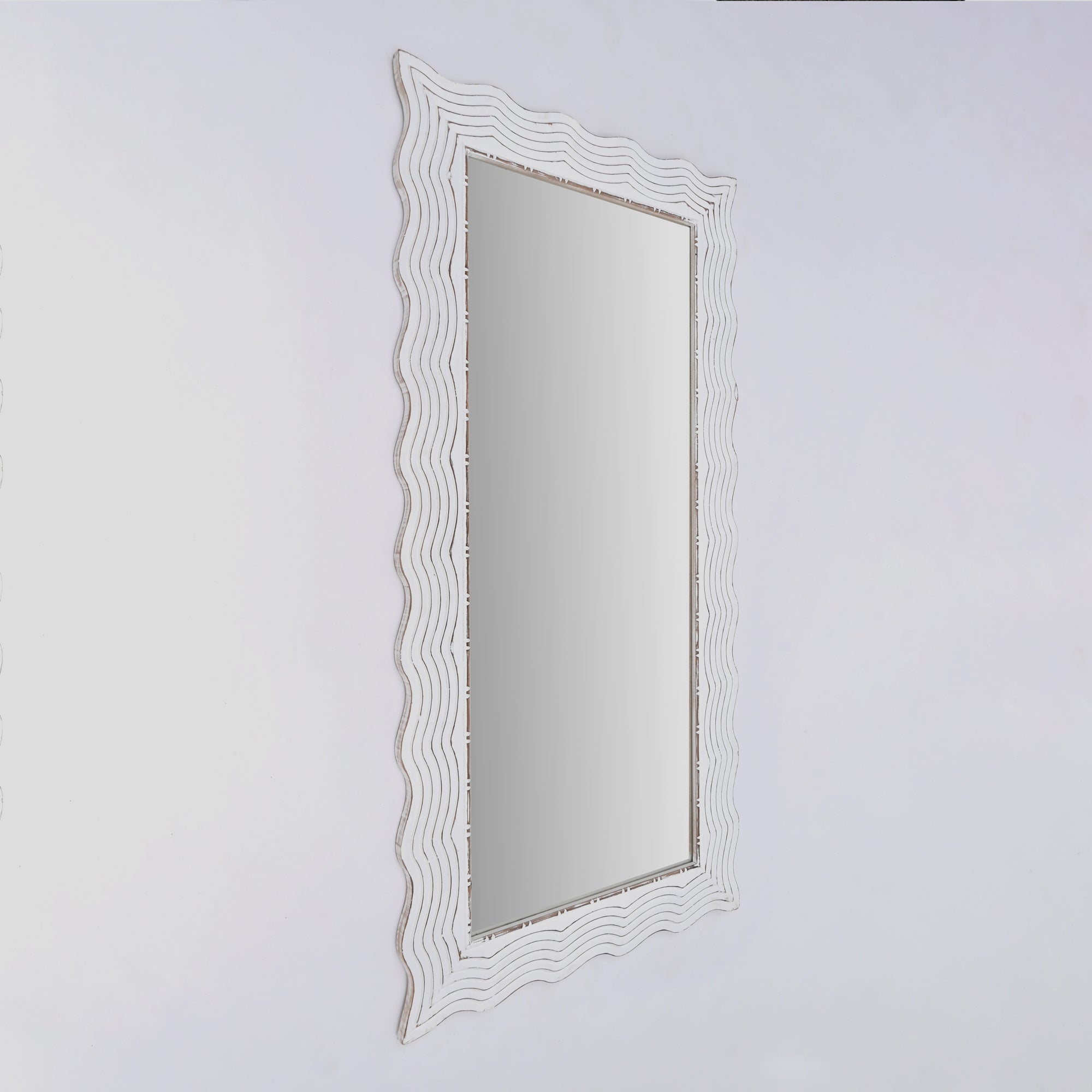 Rustic White Solid Wood Handcarved Wave Design Rectangle Mirror Accent-36" x 72"