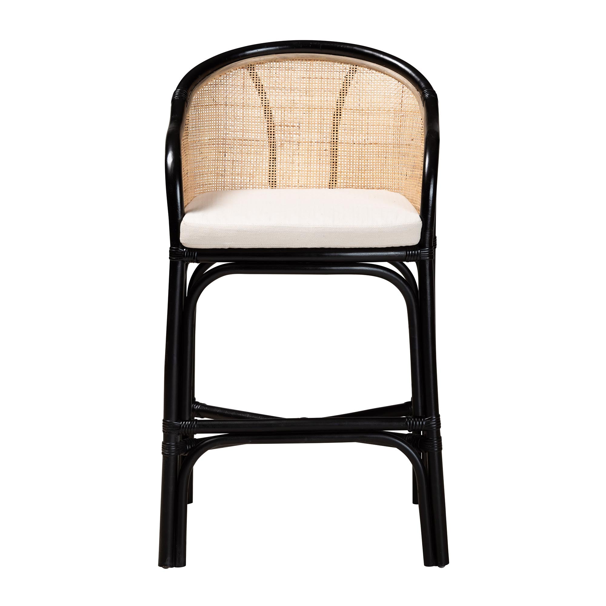 Modern Bohemian Two-Tone Black and Natural Brown Rattan Counter Stool
