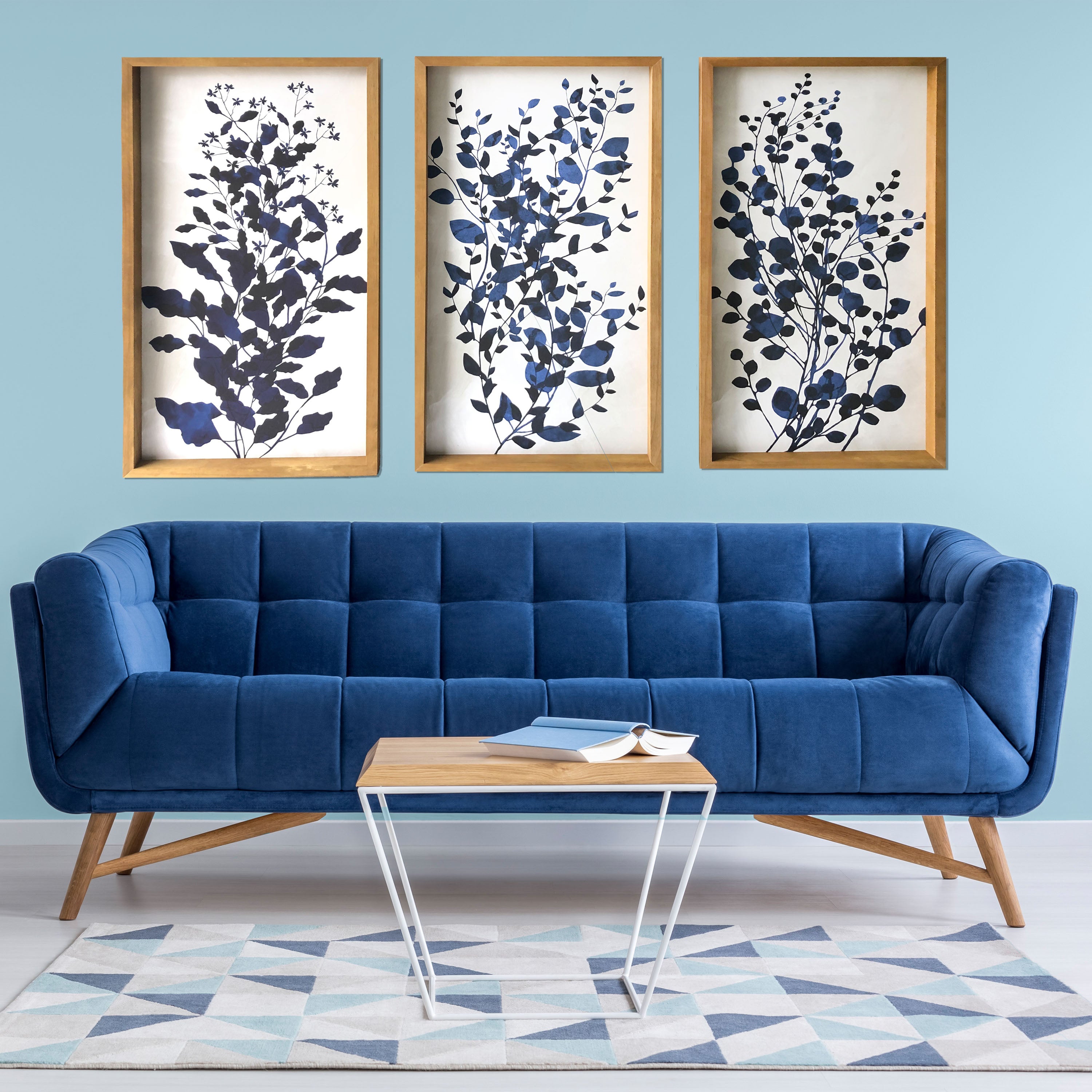Blue Branches 3-Piece Large Print on Wood Framed Canvas Wall Art, 48"x30"
