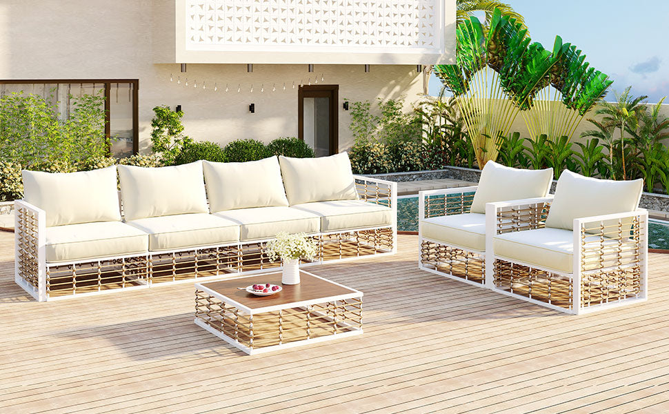 Modern Minimalist 7-Piece Metal All-Weather Conversational Furniture Set with Thick Cushions and Coffee Table