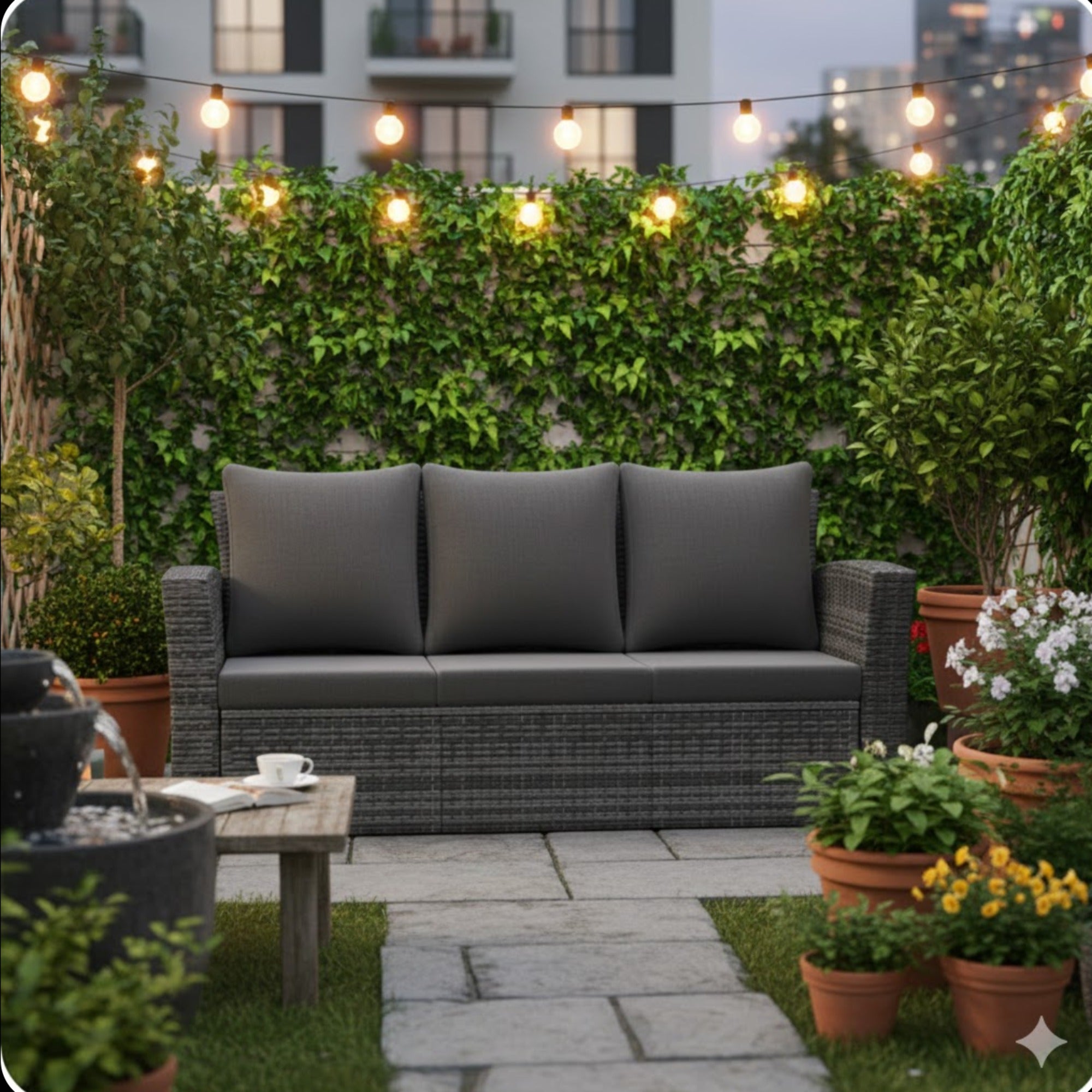 All-Weather Wicker 3-Seat Patio Sofa with Thick Gray Cushions & Black Iron Frame, 67.7'