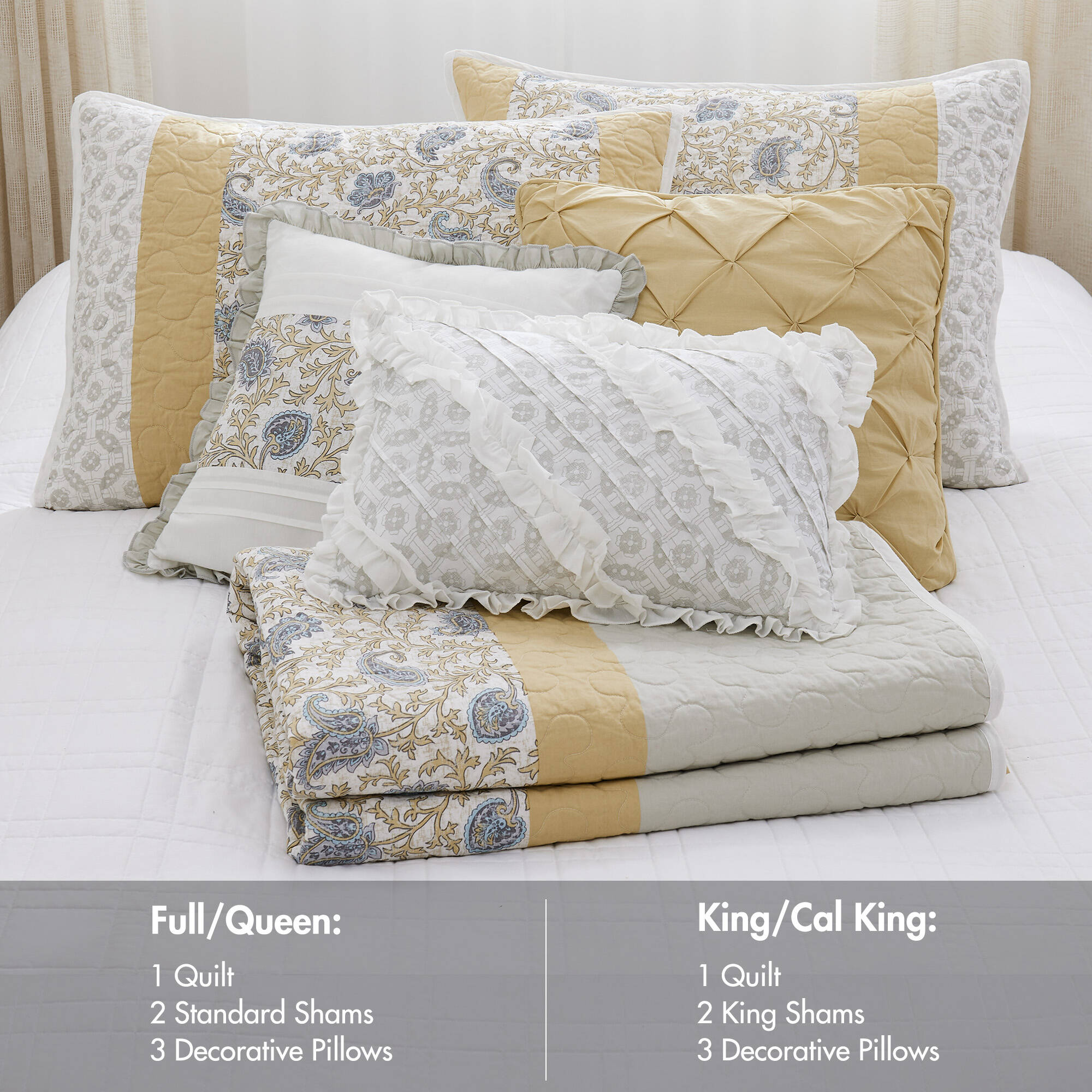 6 Piece Cotton Percale Quilt Set with Throw Pillows
