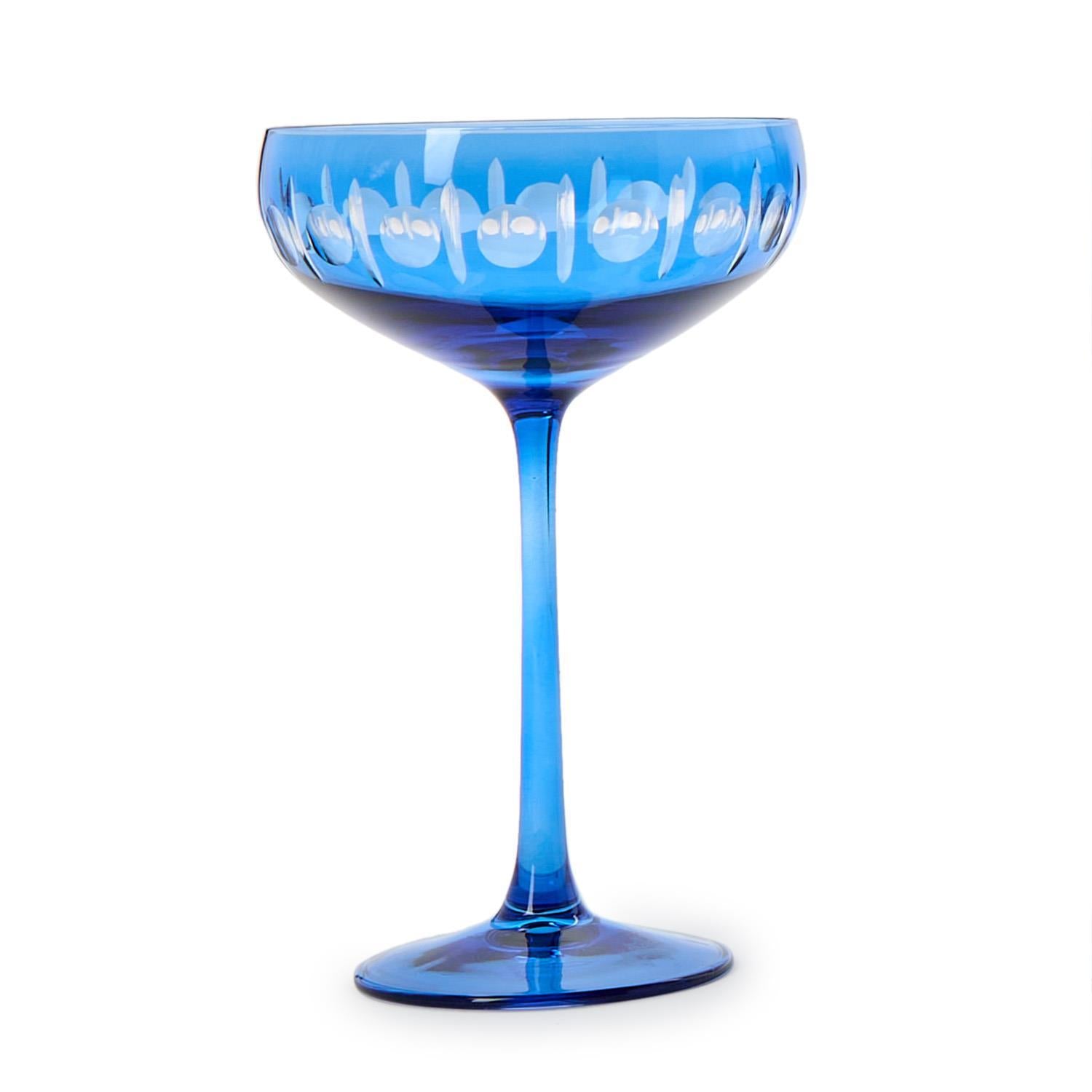 Sparkling Cut Blue Hand Engraved Coupe Wine Glasses, Set of 4