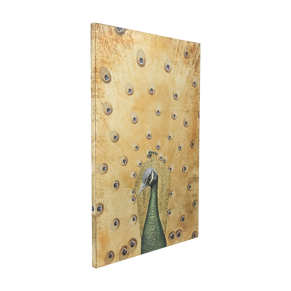 Hand-Painted Peacock Wall Art with Textured Gold Background, 30.7" x 46.5"