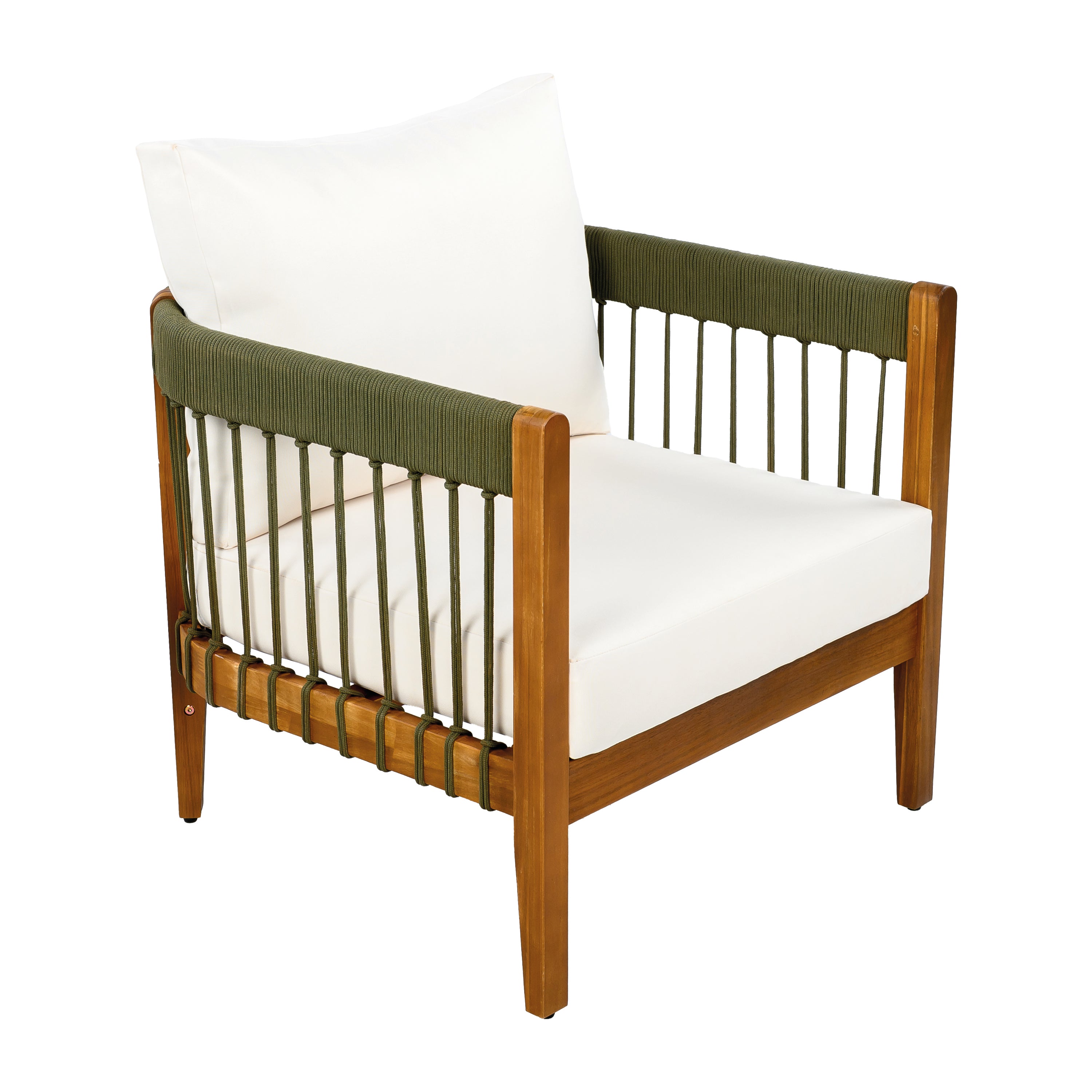 Azari Outdoor Acacia Wood Club Chair with Handwoven Rope Accents & Curved Backrest