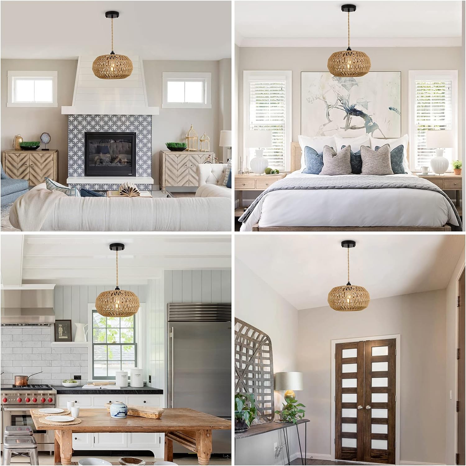 Pendant Light with Rope Cage Basket and Adjustable Height