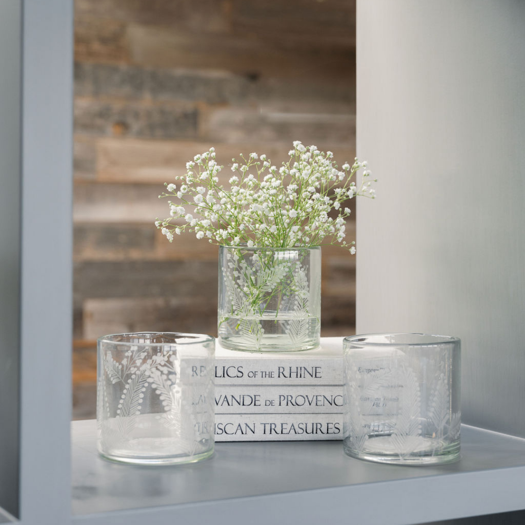 Shorter Etched Vases on Shelving in House with Flowers