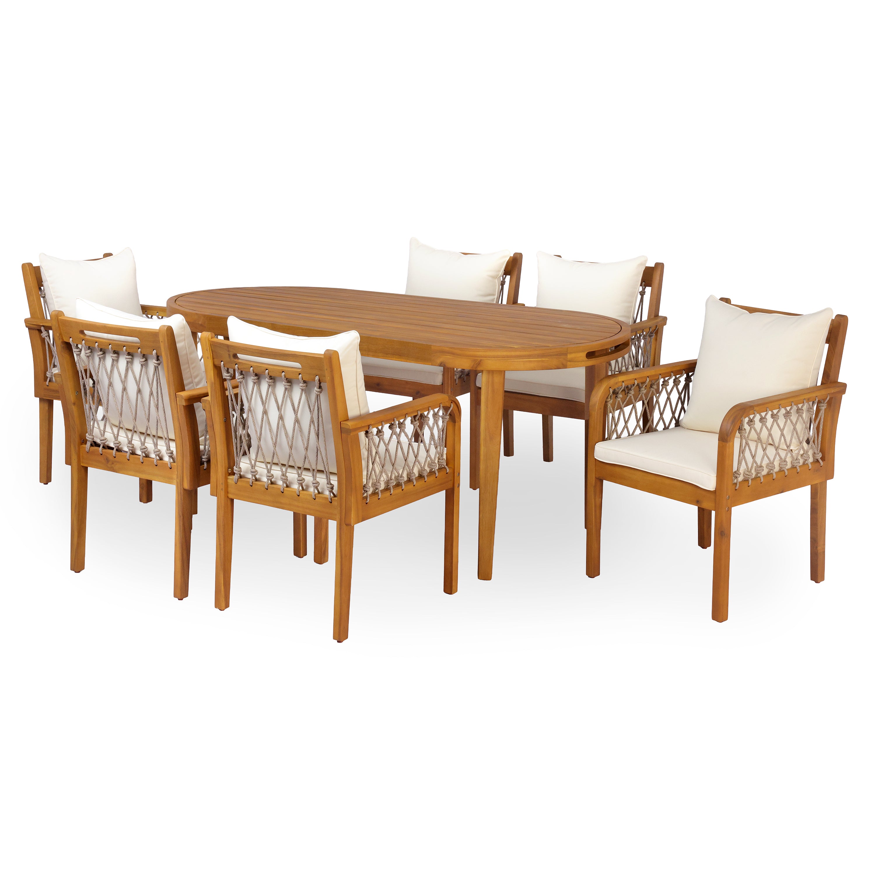 7-Piece Outdoor Acacia Wood Dining Set with Rope-Woven Armchairs