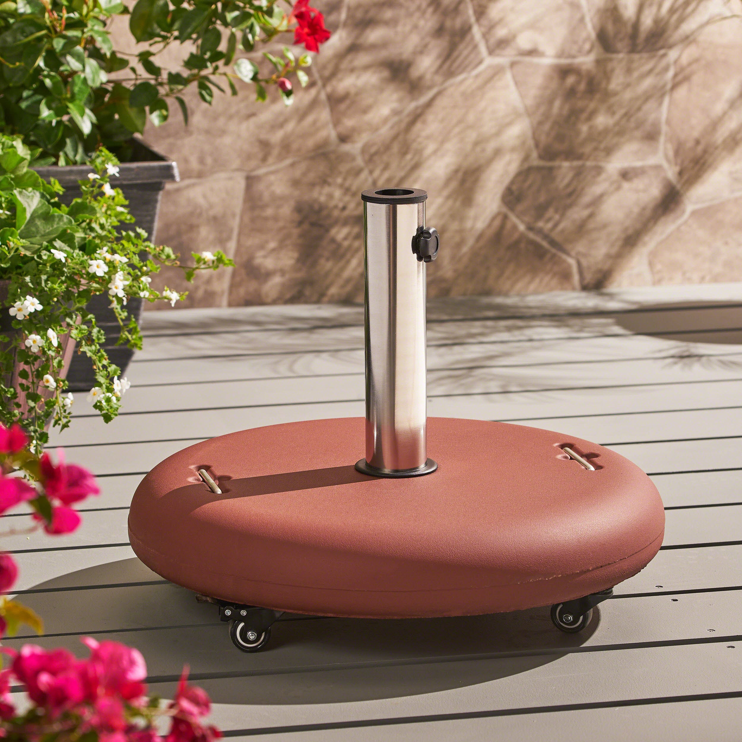 Prehnite Outdoor Round Umbrella Base with Casters and Stainless Steel Holder