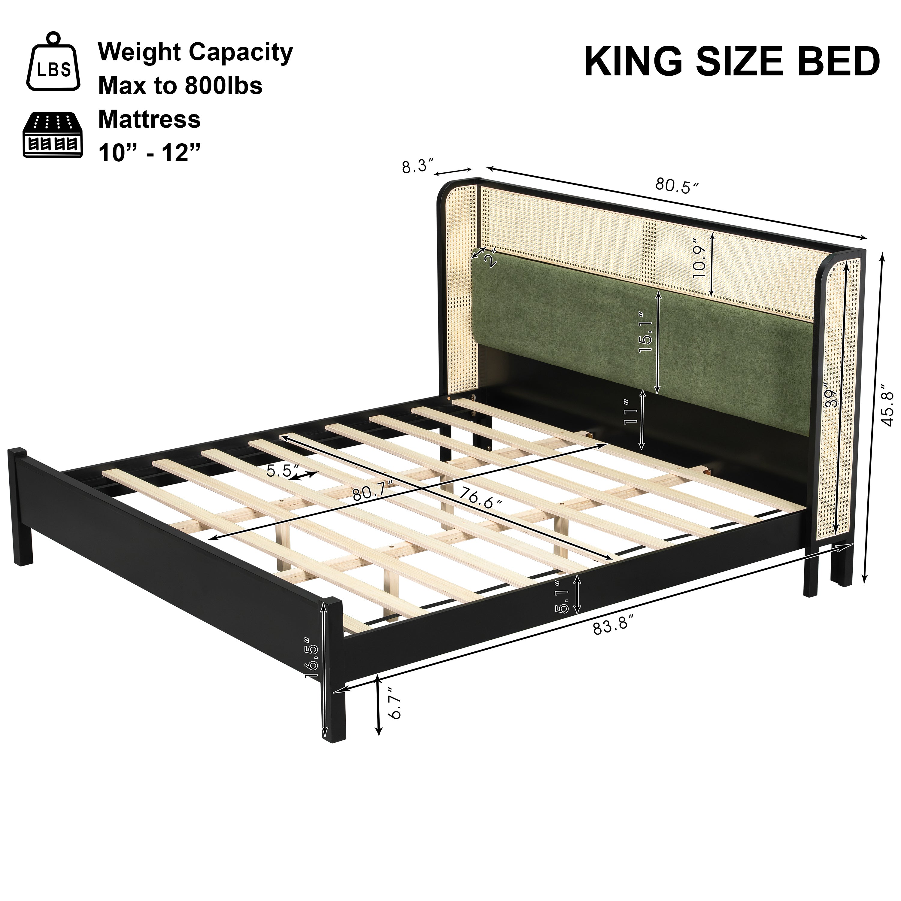 Queen Size Bed Frame with Green Headboard, Black with Green Solid Wood  Bed, No Box Spring Required, Modern Bedroom Furniture