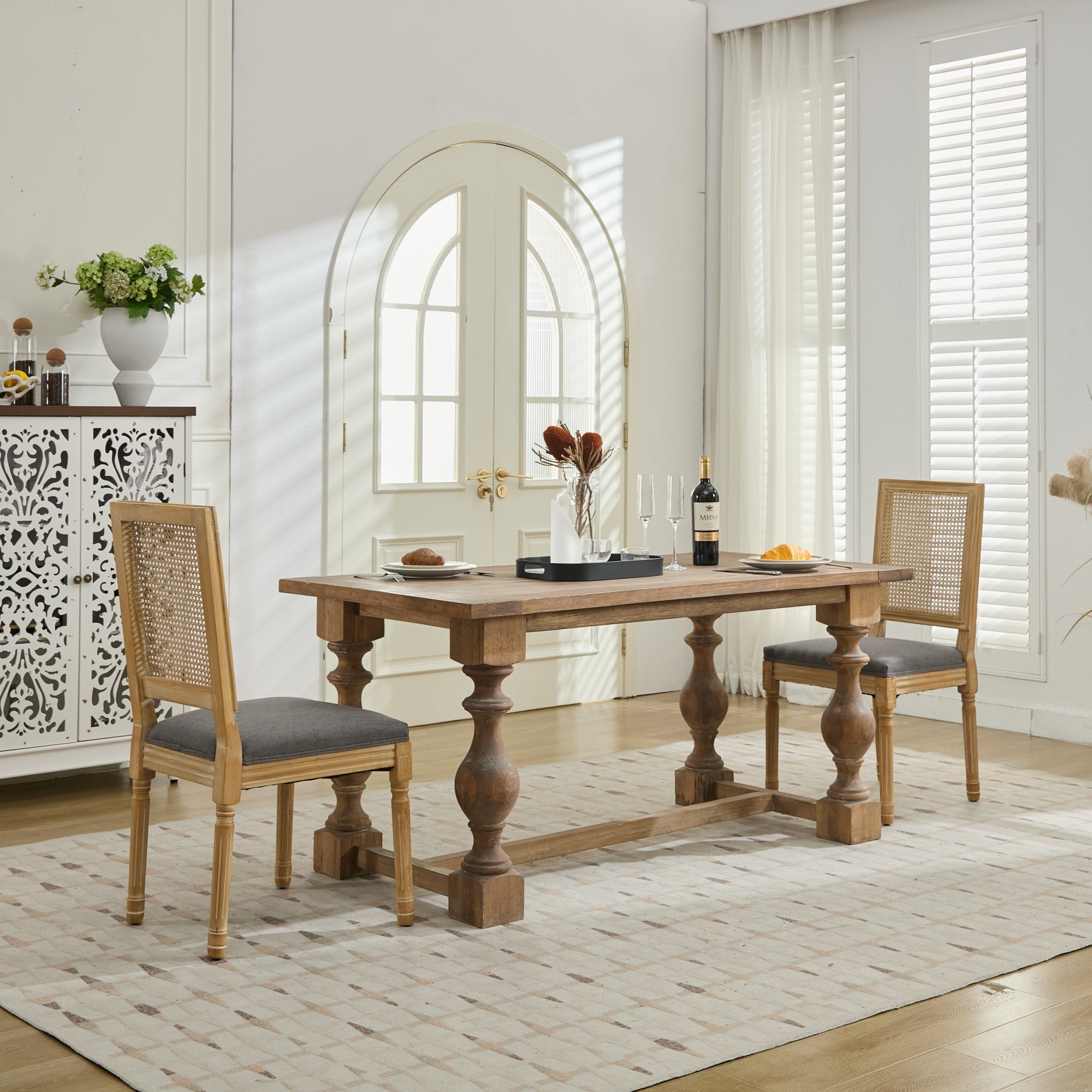 Louis French Country Dining Chairs with Square Rattan Backrest, Set of 2
