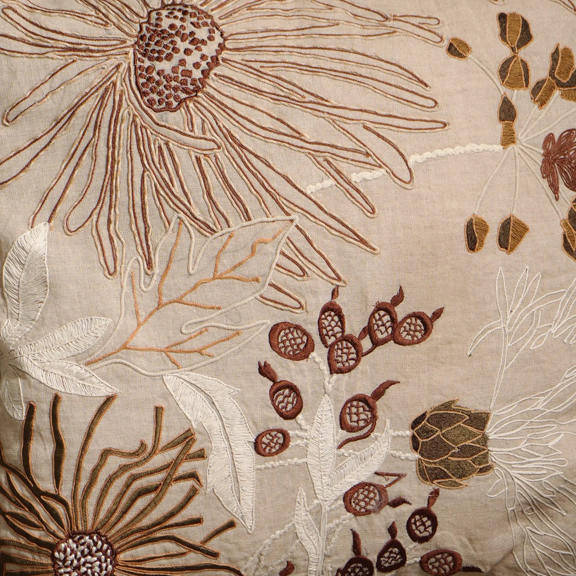 100% Linen Floral Embroidered Cushion