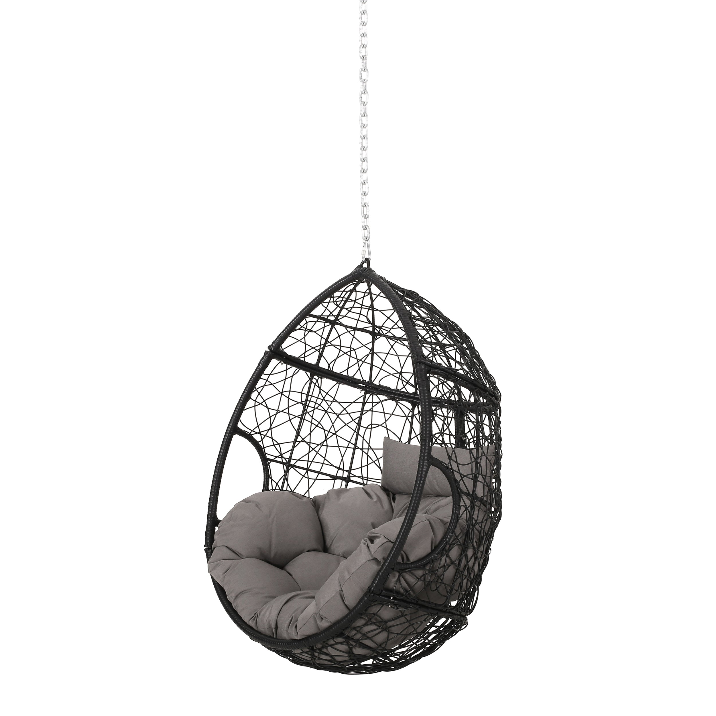Teardrop Hanging Chair with 8ft Chain with Grey Cushion and Black Frame
