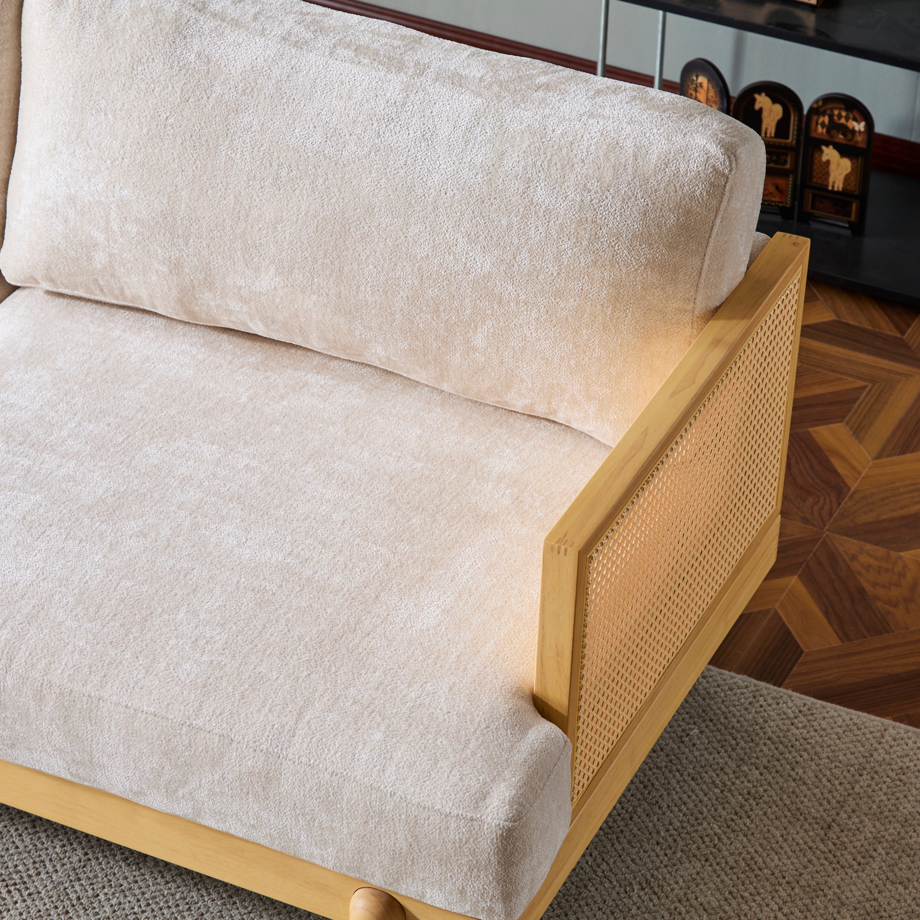 3-Seater Sofa with Cane Rattan and Wooden Frame
