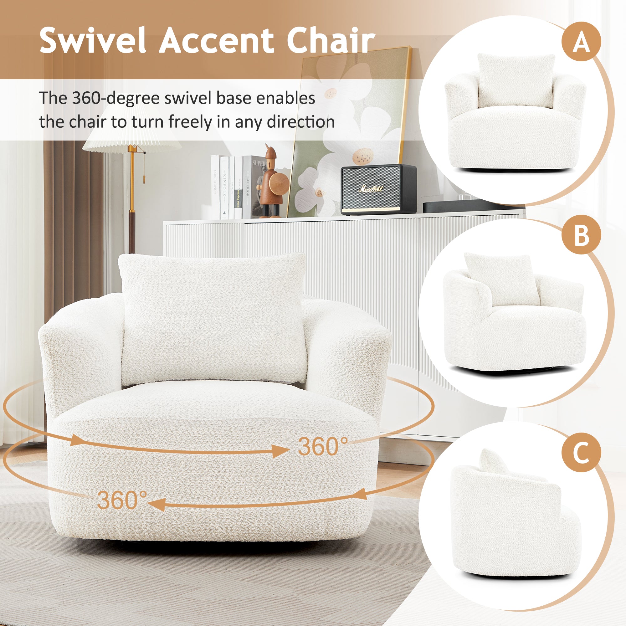 360° Swivel Barrel Chenille Upholstered Accent Chair with Throw Pillow