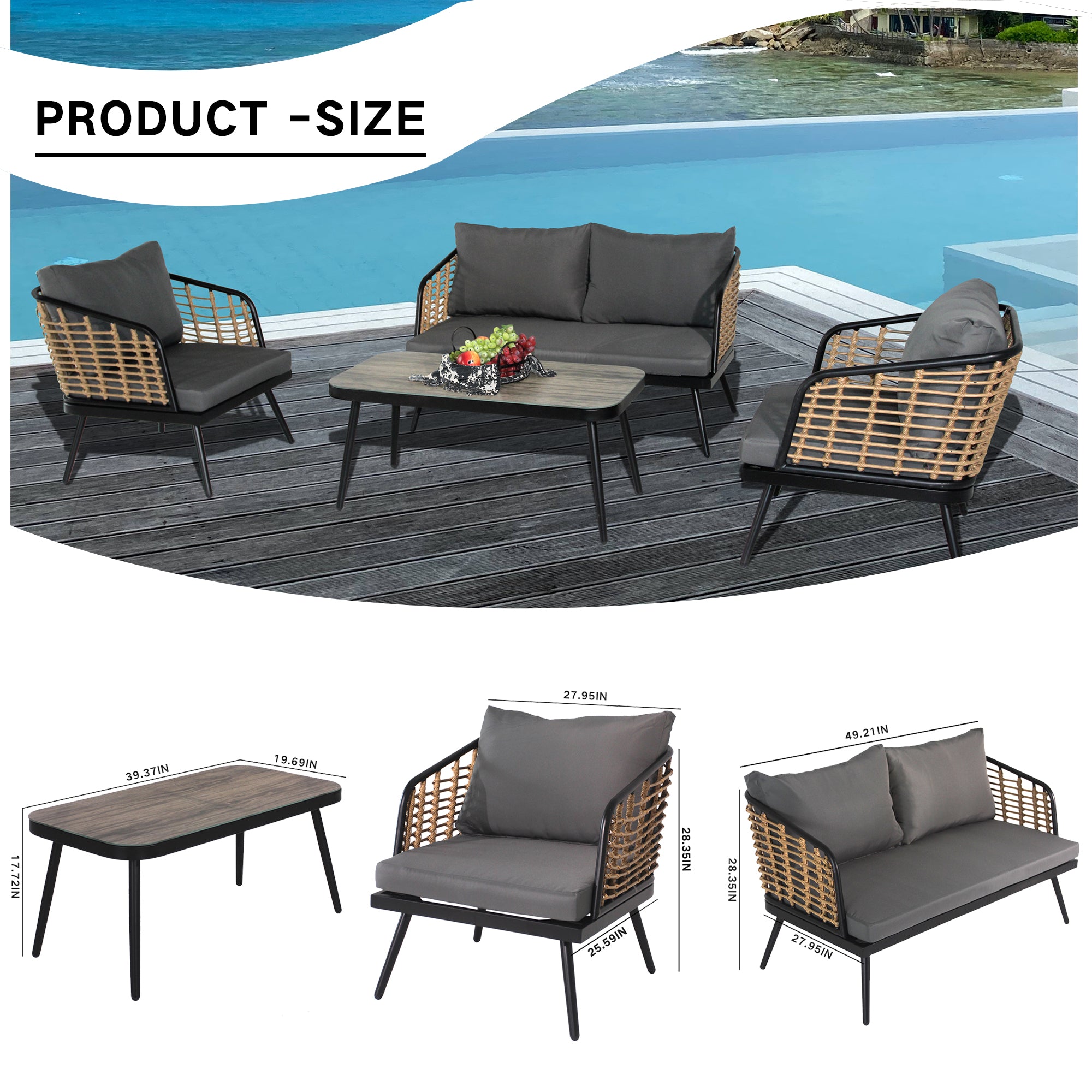 4-Piece Patio Set with Coffee Table, Loveseat and 2 Single Sofas