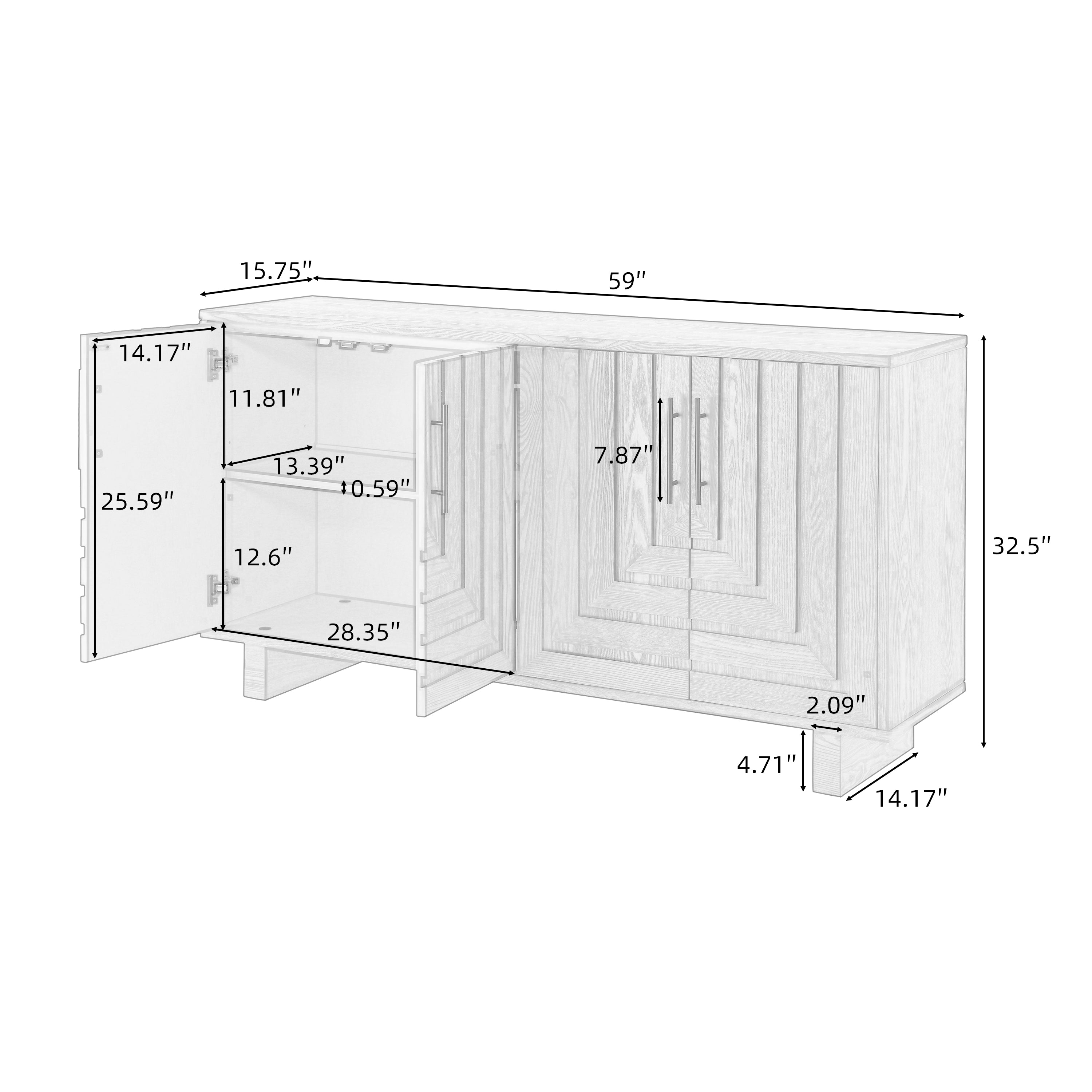 Modern Sideboard Storage Cabinet with 4 Doors & Metal Handles