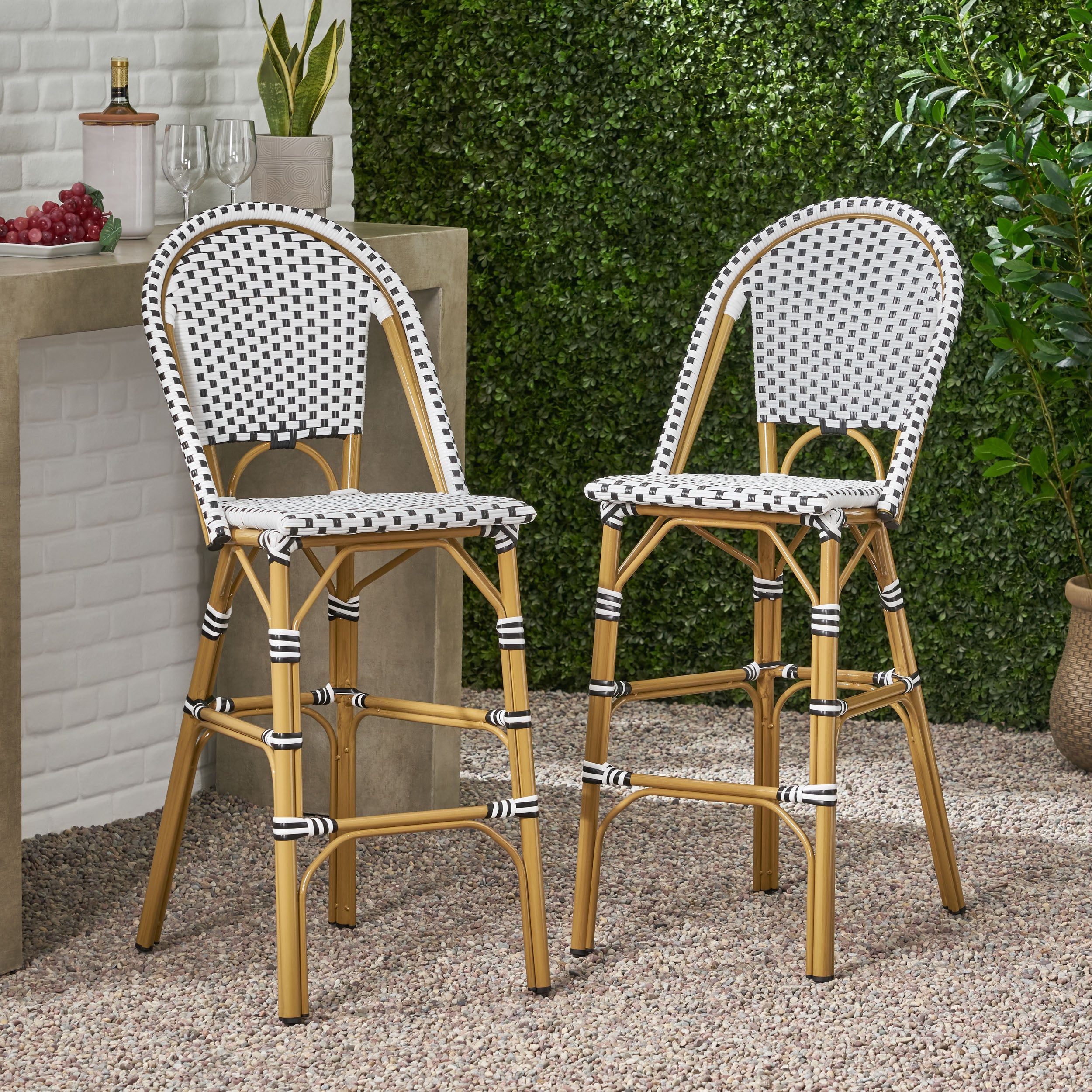 29.5" Outdoor PE Rattan French Barstool, Set of 2