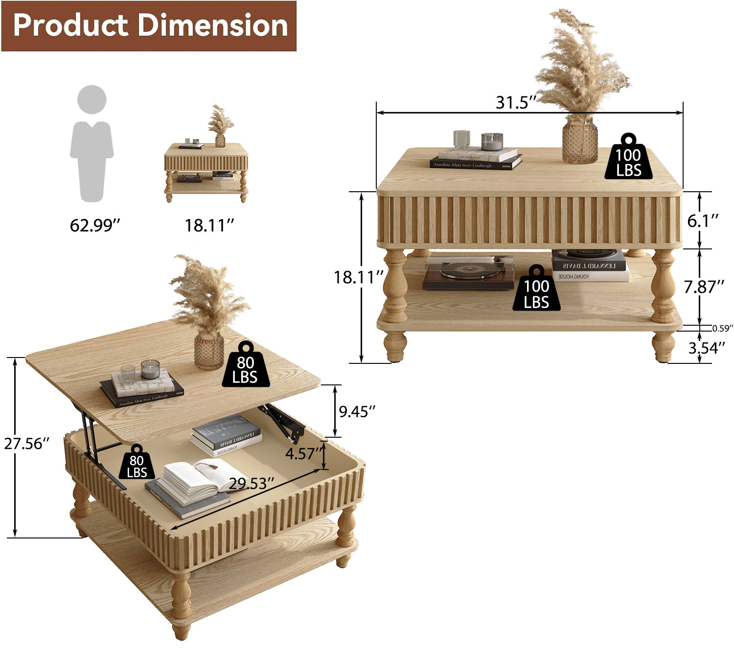Square Fluted Lift-Top Coffee Table with Hidden & Open Storage