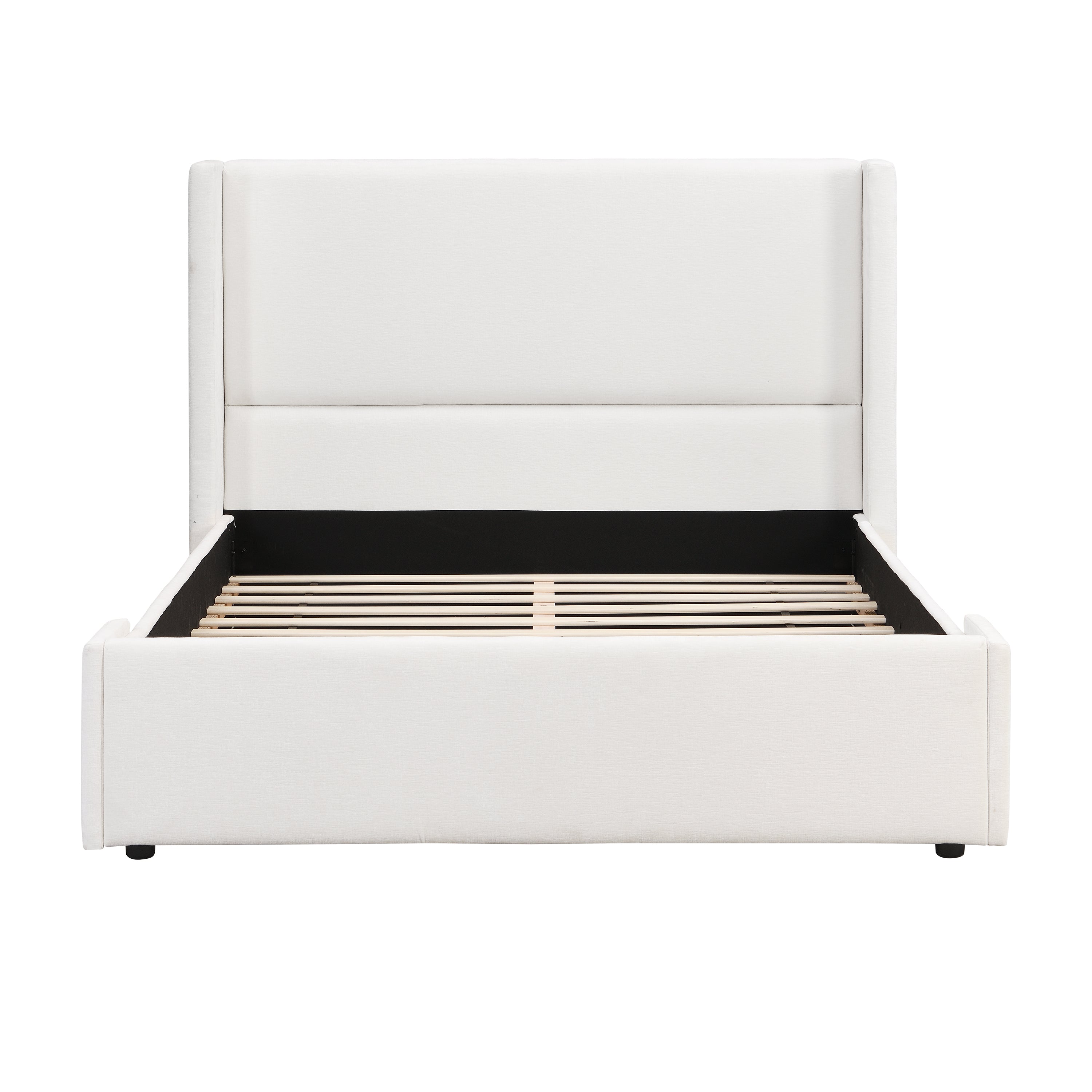 Elegant White Fabric Upholstered Bed with Tall Headboard