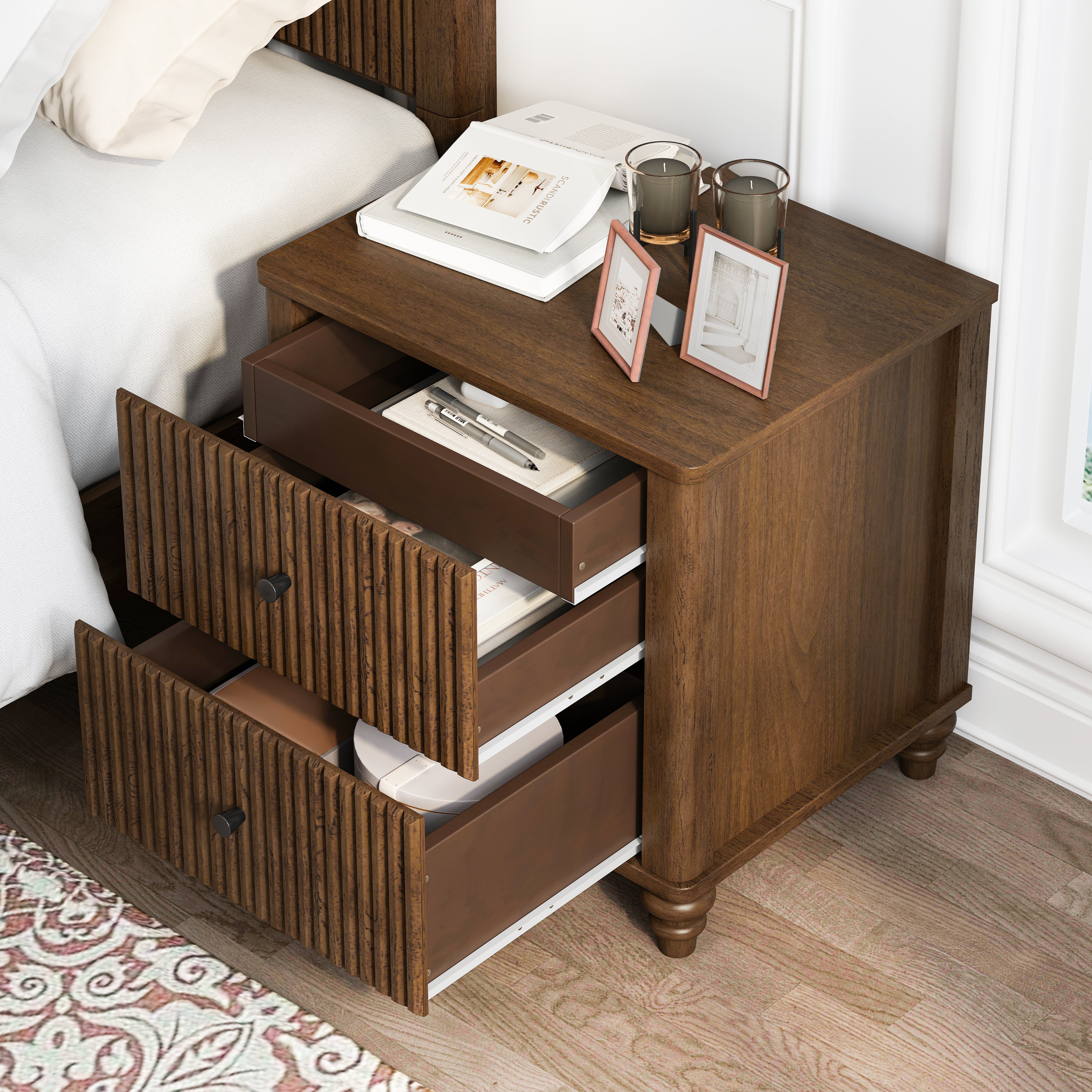 Fluted Nightstand with 3 Drawers