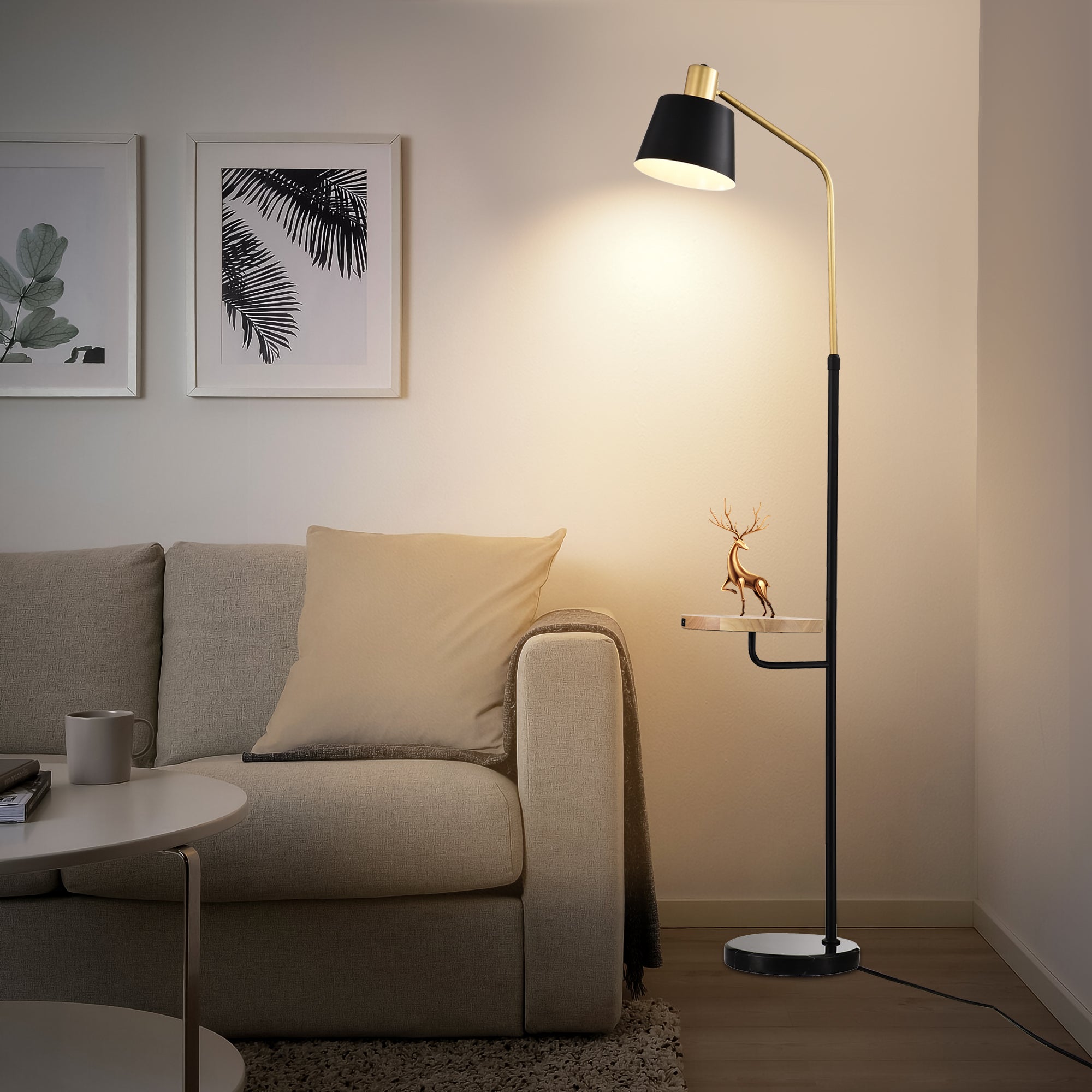 Floor Lamp with Wood Table and Built-in USB Charging Port