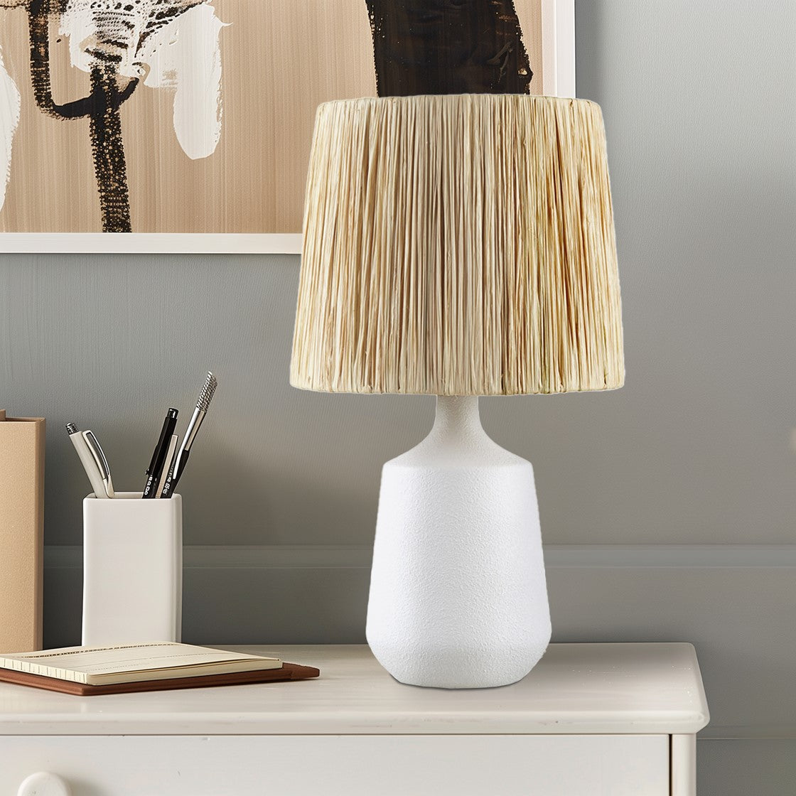 Table Lamp with Ceramic Base and Raffia Shade