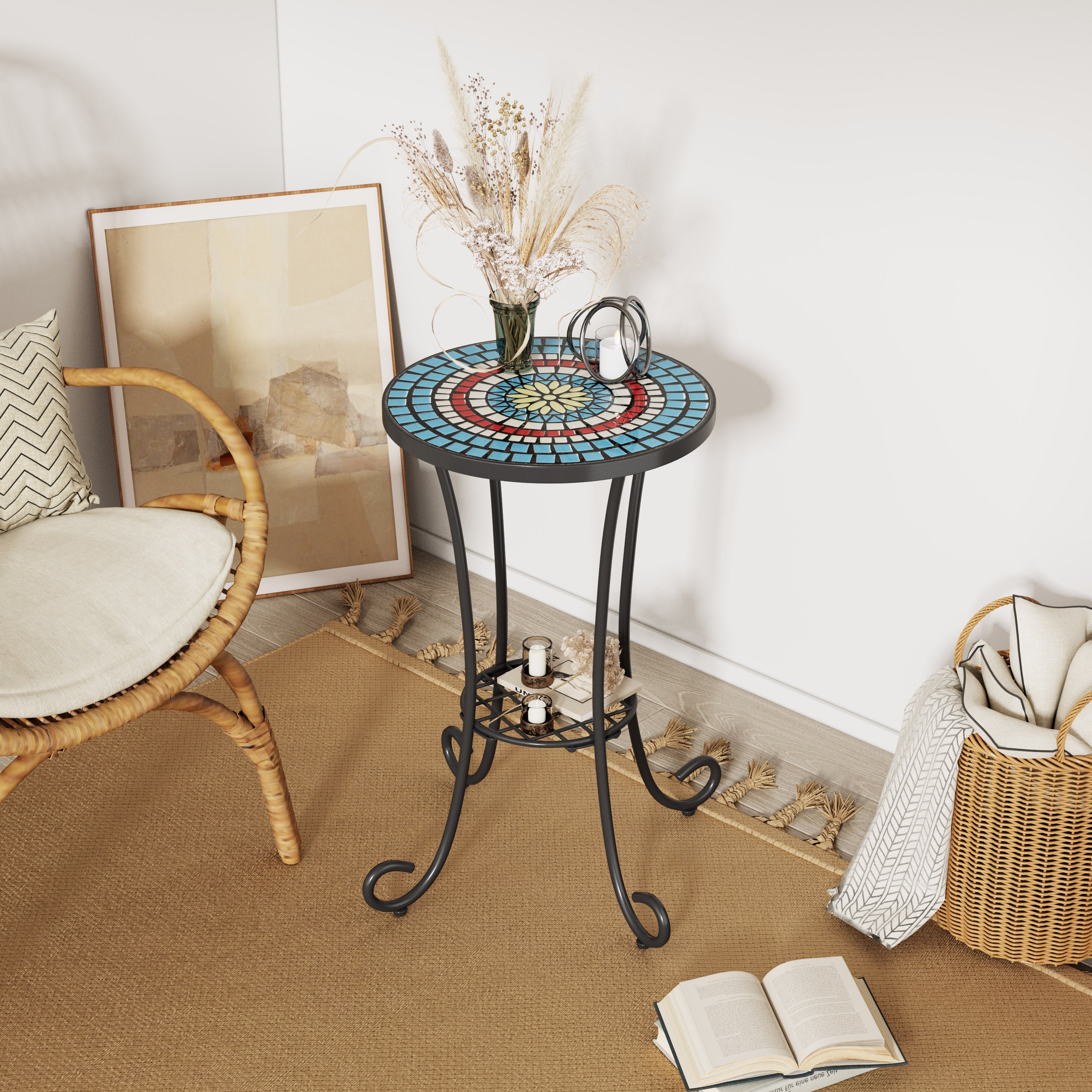 Vortexes Outdoor Side Table with Shelf and Curved Legs