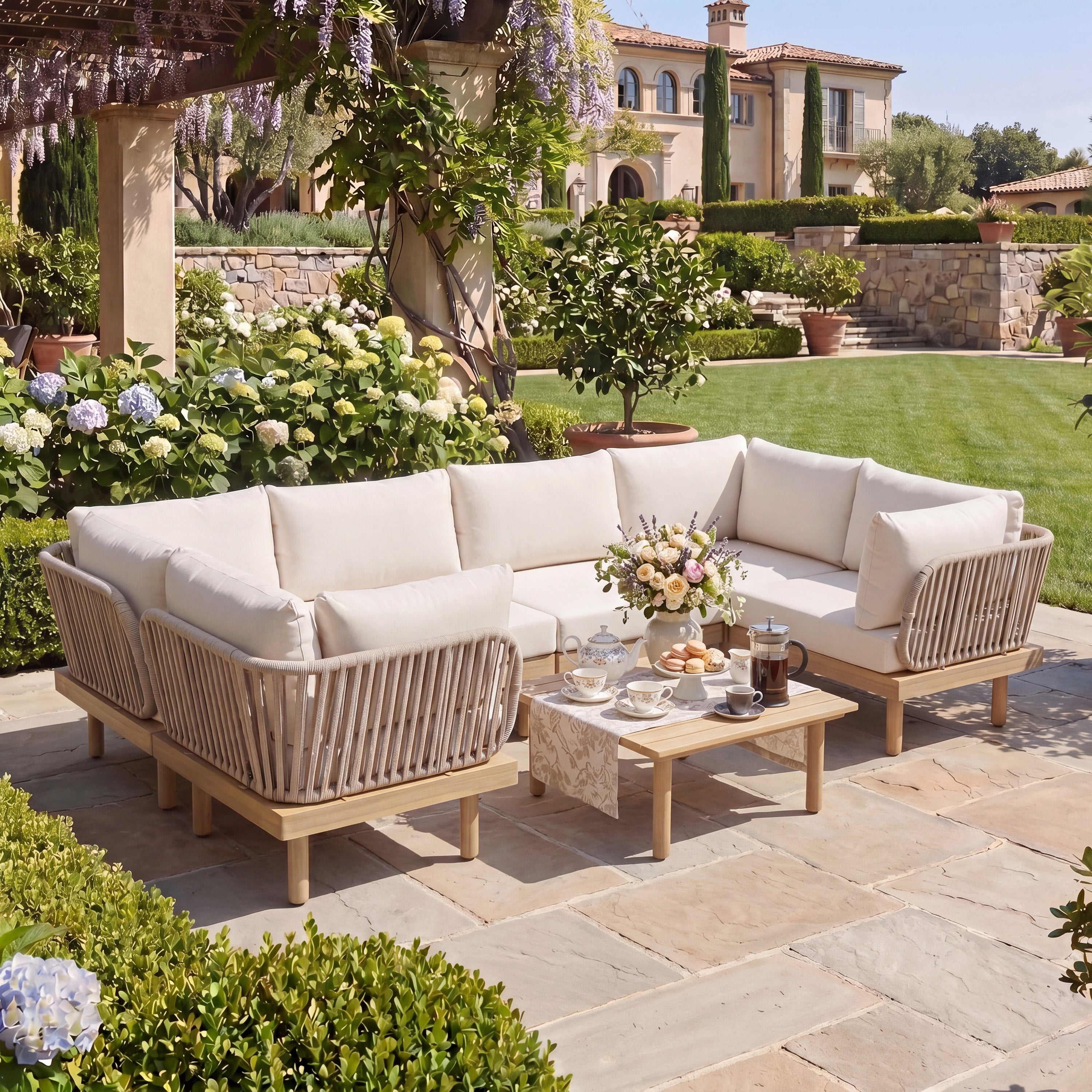 Sebastian 7-Piece Acacia Wood Outdoor Sectional Sofa Set