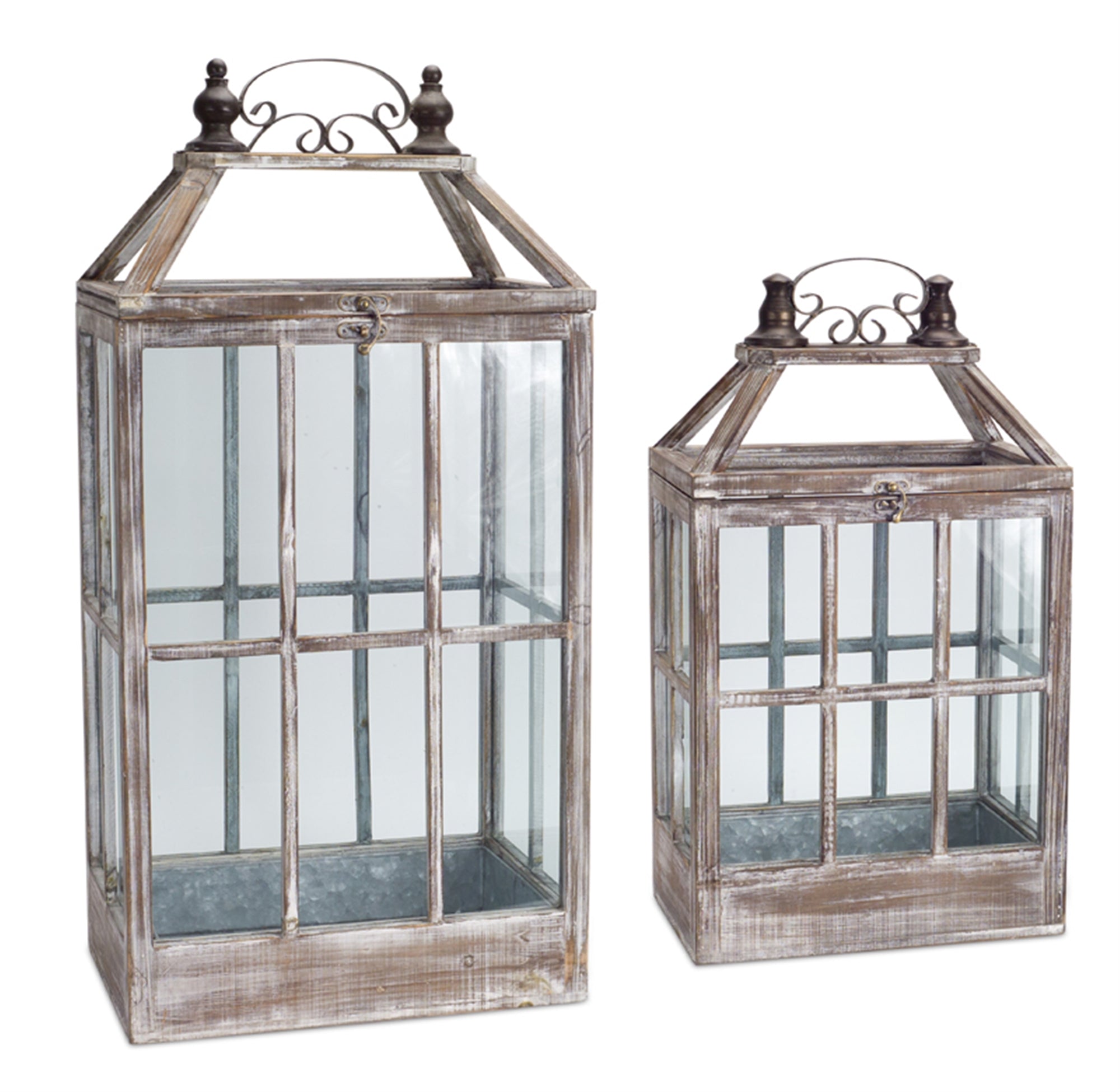 White-Washed-Wood-Lantern-with-Ornate-Metal,-Set-of-2-Lanterns
