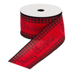 Wired Merry Christmas Ribbon with Buffalo Plaid Accent (Set of 6)