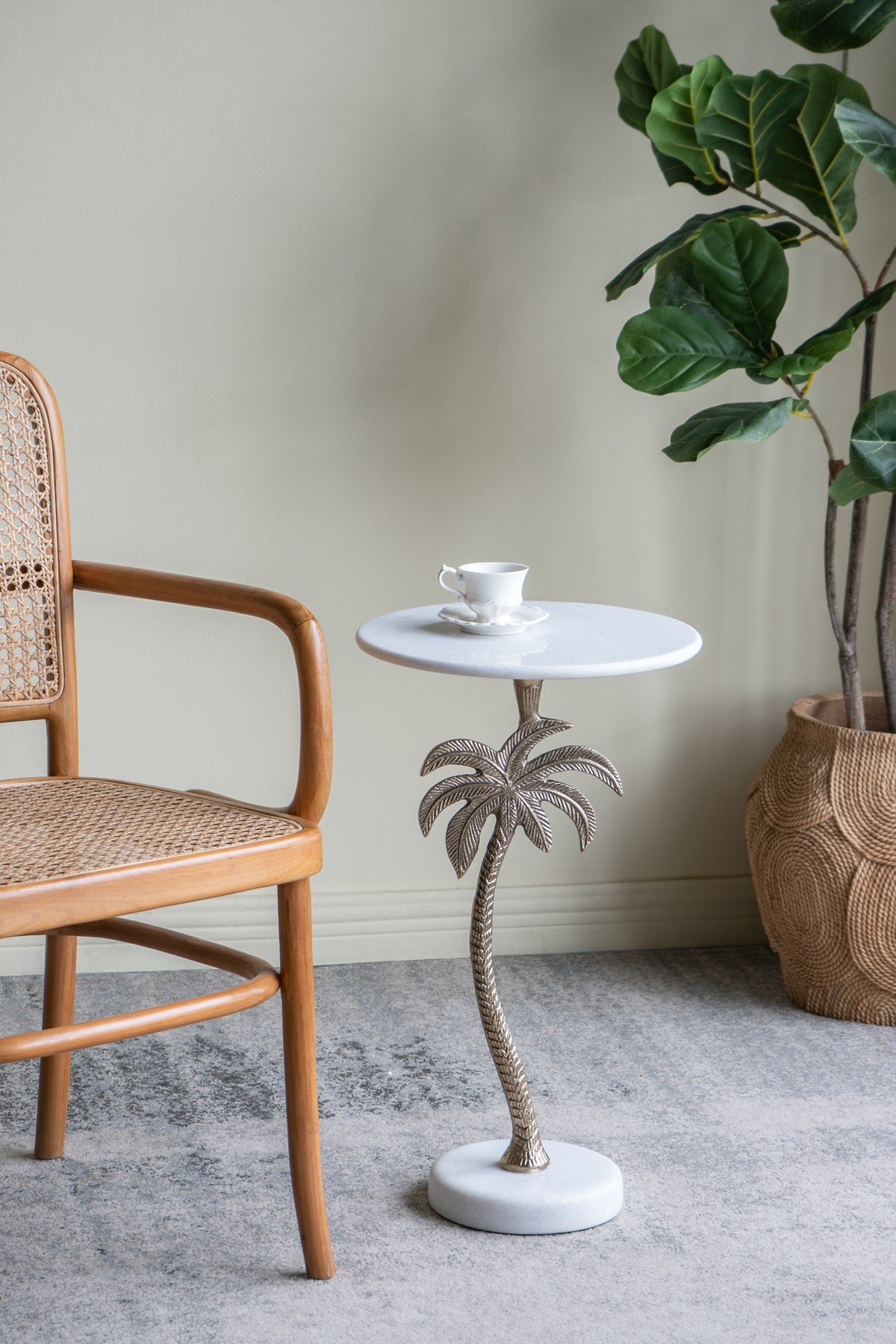 Round Side Table With White Marble Top And Gold Palm Tree Design
