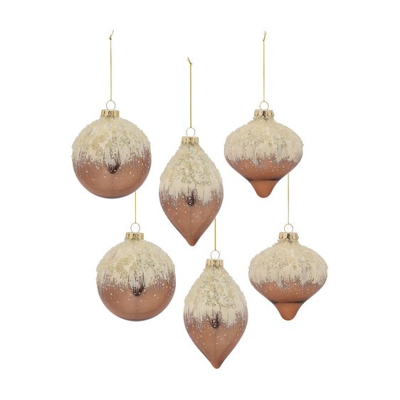 Beaded Bronze Glass Ornament with Snowy Accent, Set of 6