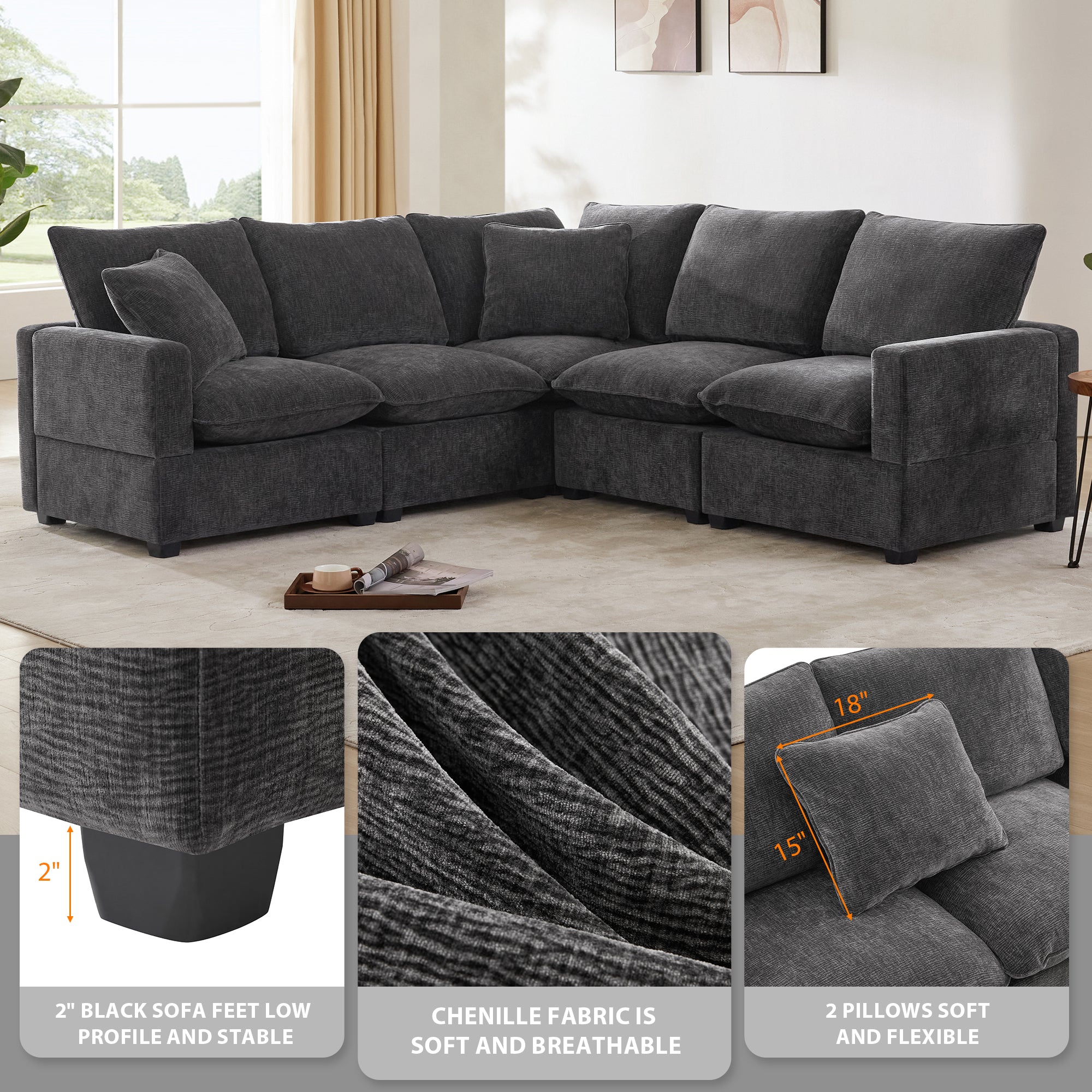 Chenille Modular L-Shape Sofa, Seats 5