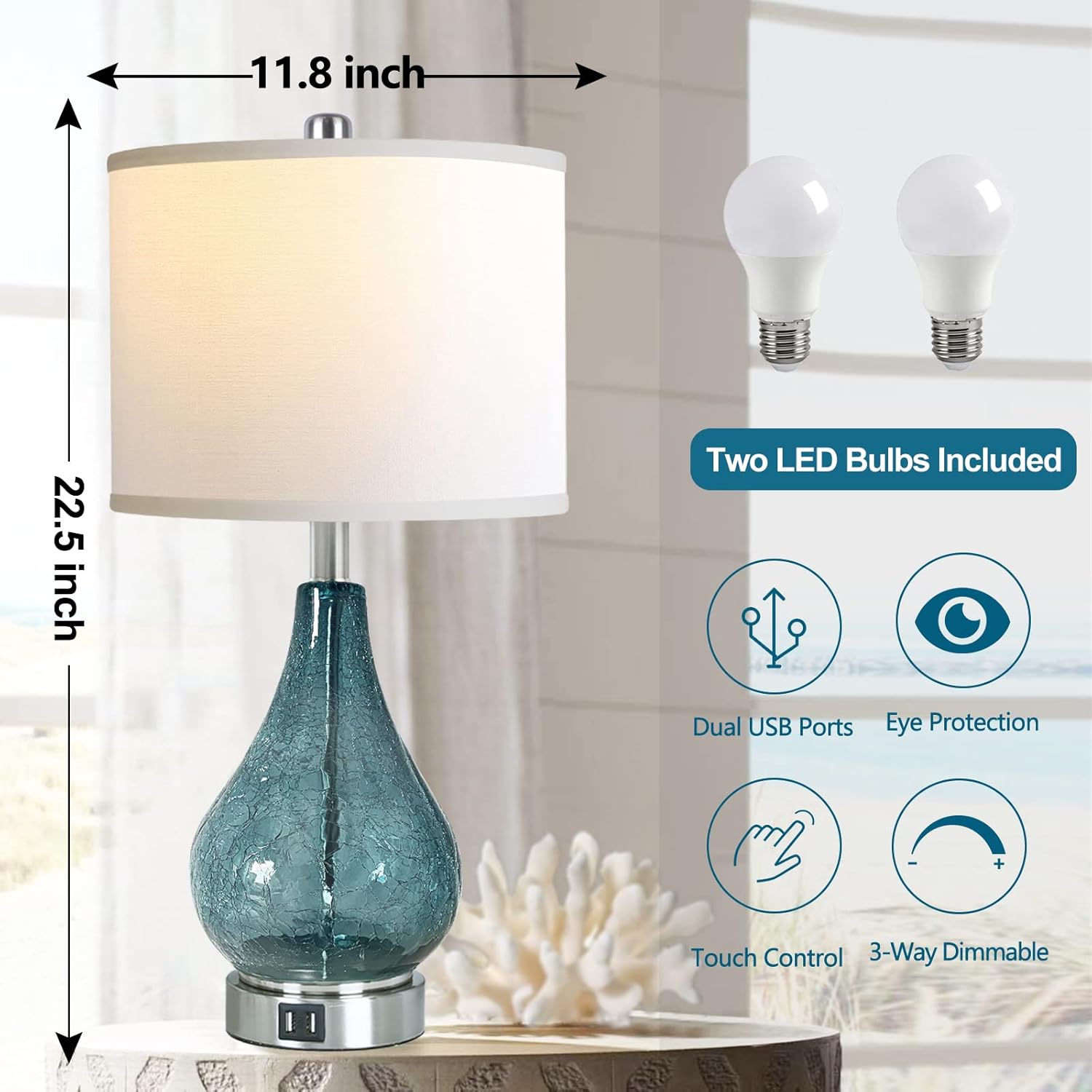Glass Table Lamp with LED Light and Touch Control, Set of 2