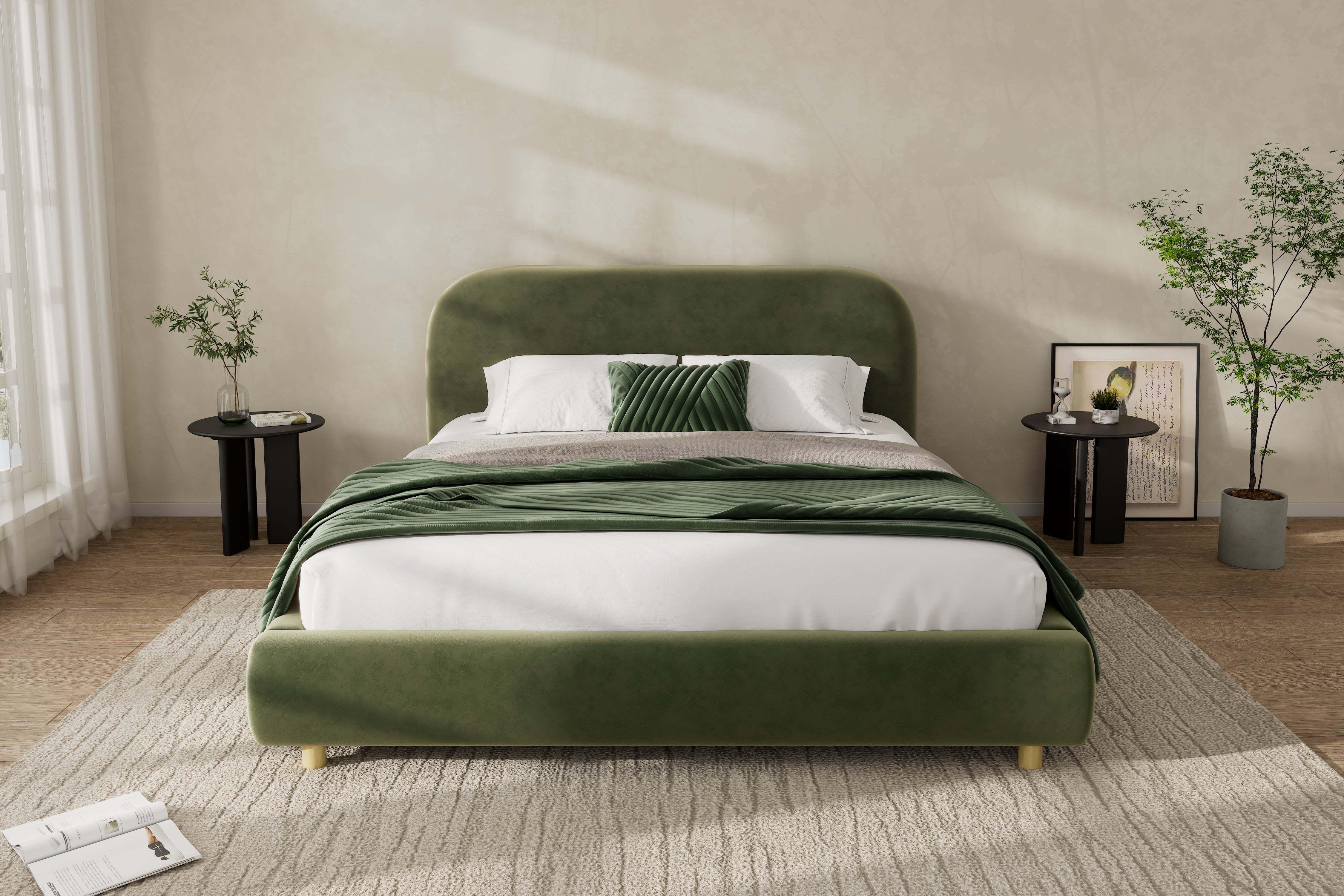 Olive Green Velvet Upholstered Platform Bed with Curve-Shaped Design Headboard
