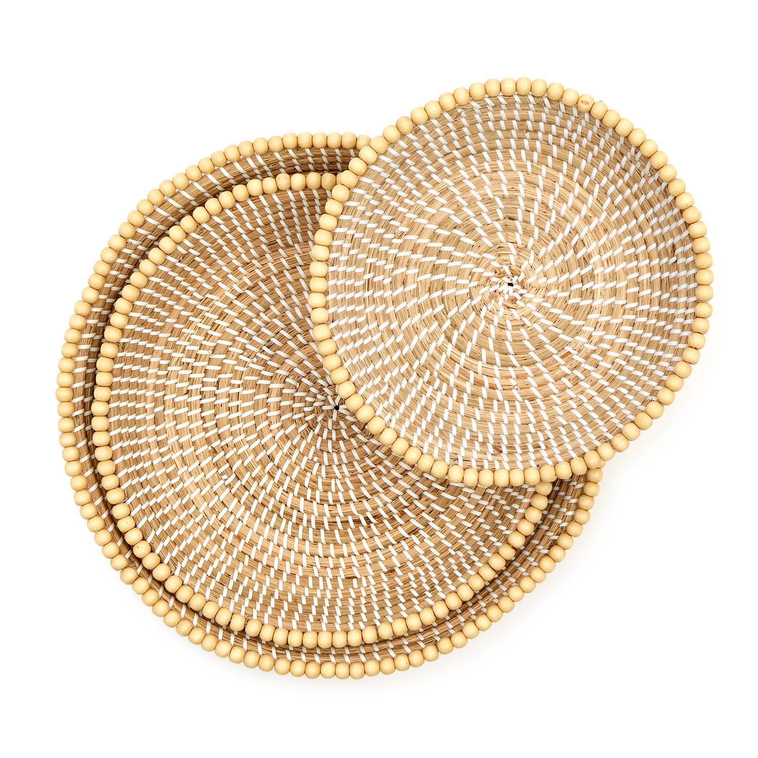 Natural Seagrass Round Serving Tray with Decorative Wooden Bead Accent, Set of 3