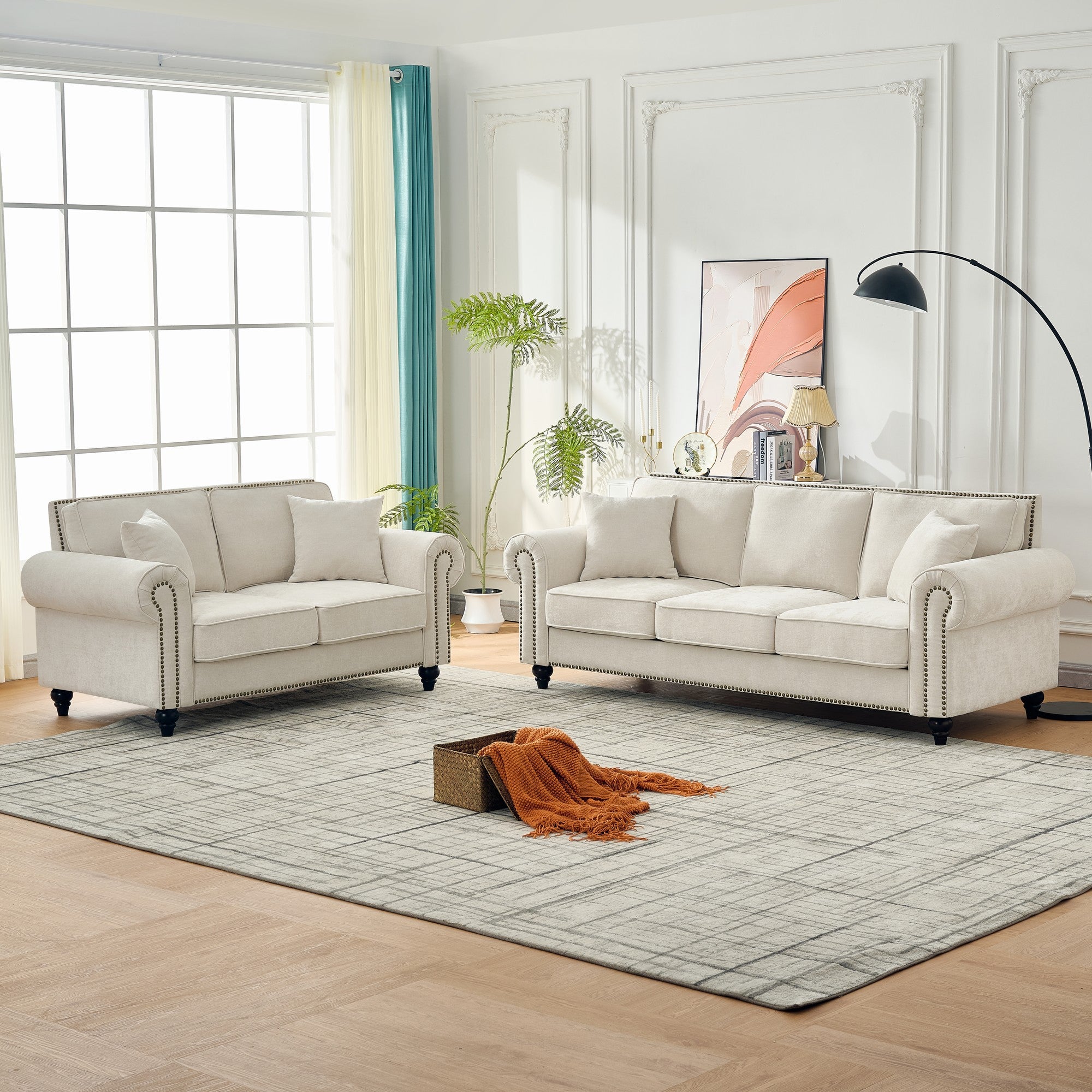 Modern 63" 2-Seater Sofa with Tufted Upholstery, Rolled Arms, and Nailhead Trim
