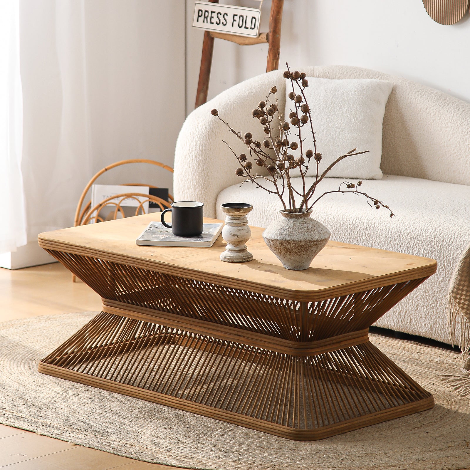 Woven Bamboo Base Mid-Century Modern Coffee Table