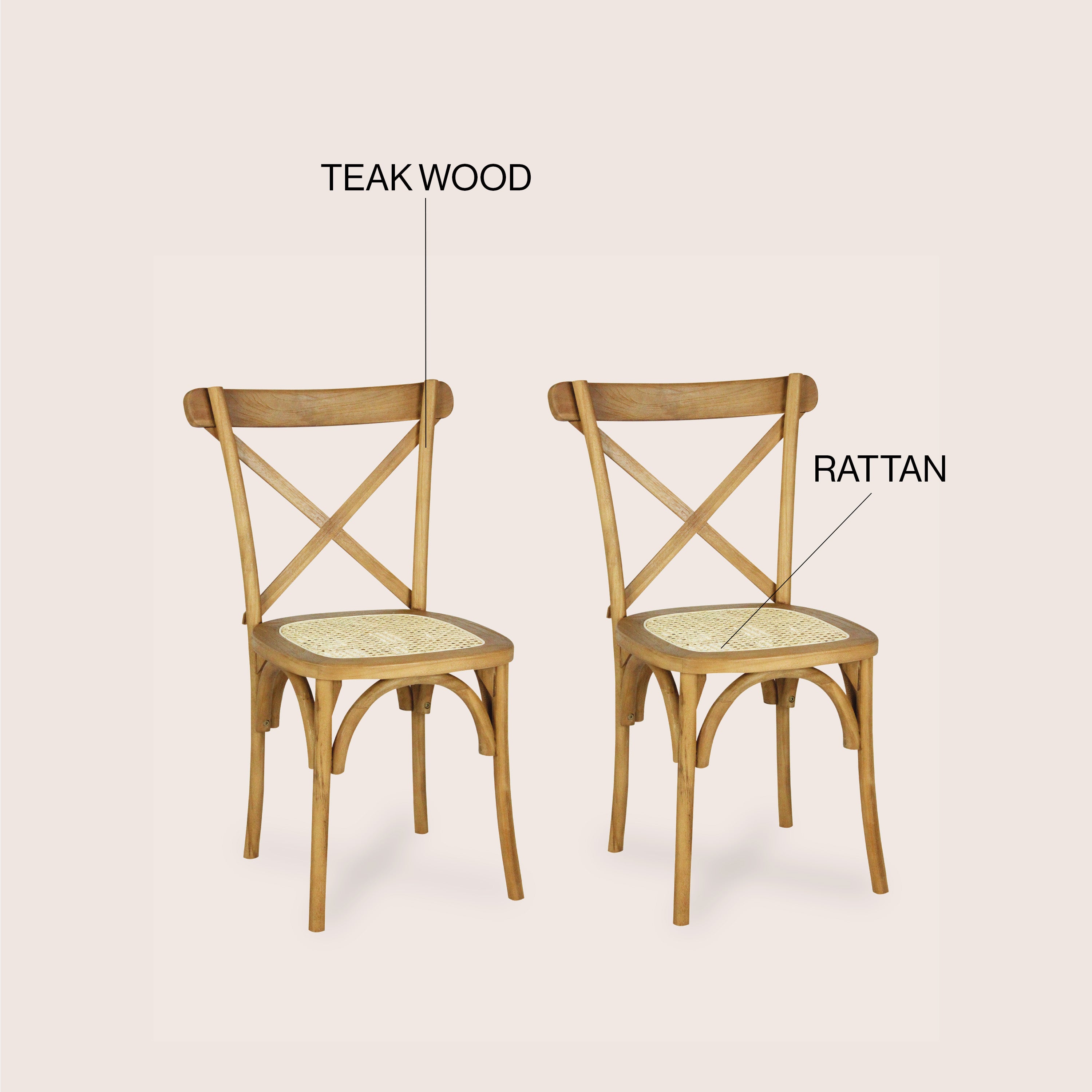 Cassis X-Back Wood Rattan Dining Chair, Set of 2