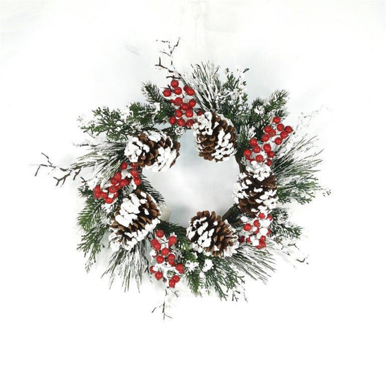 Snow Mixed Pine Berry Wreath 20" - Green