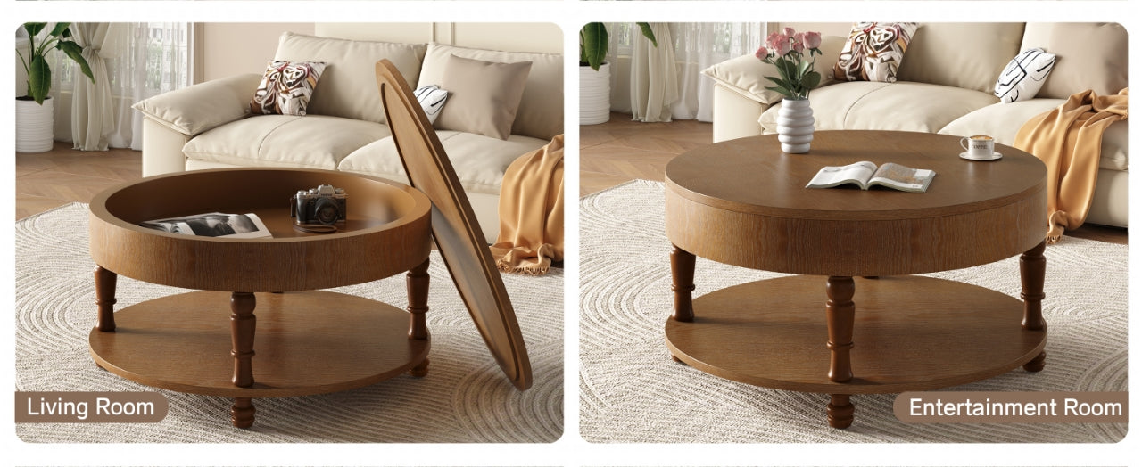 Traditional Round Coffee Table with Storage and Hidden Compartment