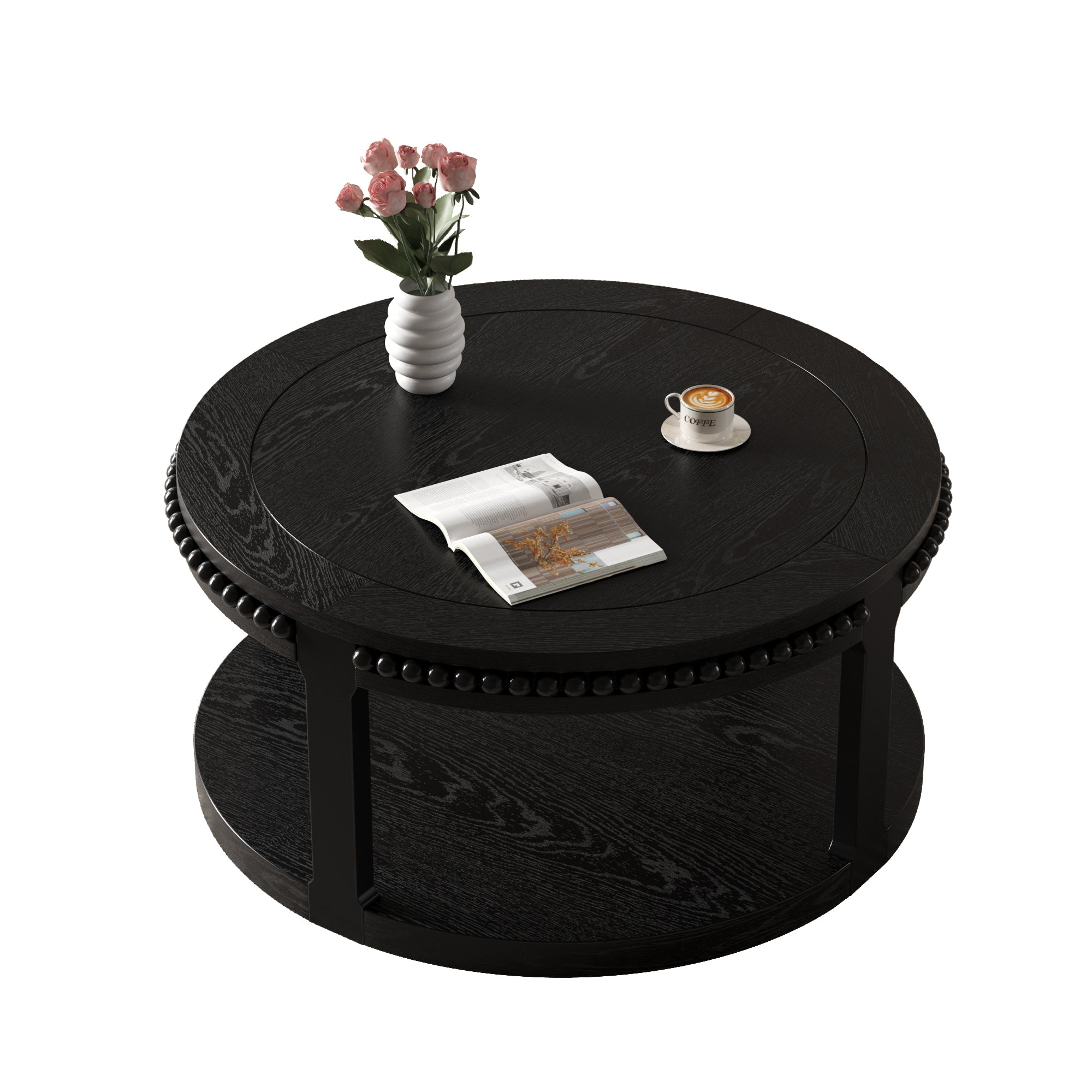 Round Solid Wood Coffee Table with Beaded Accent Edge